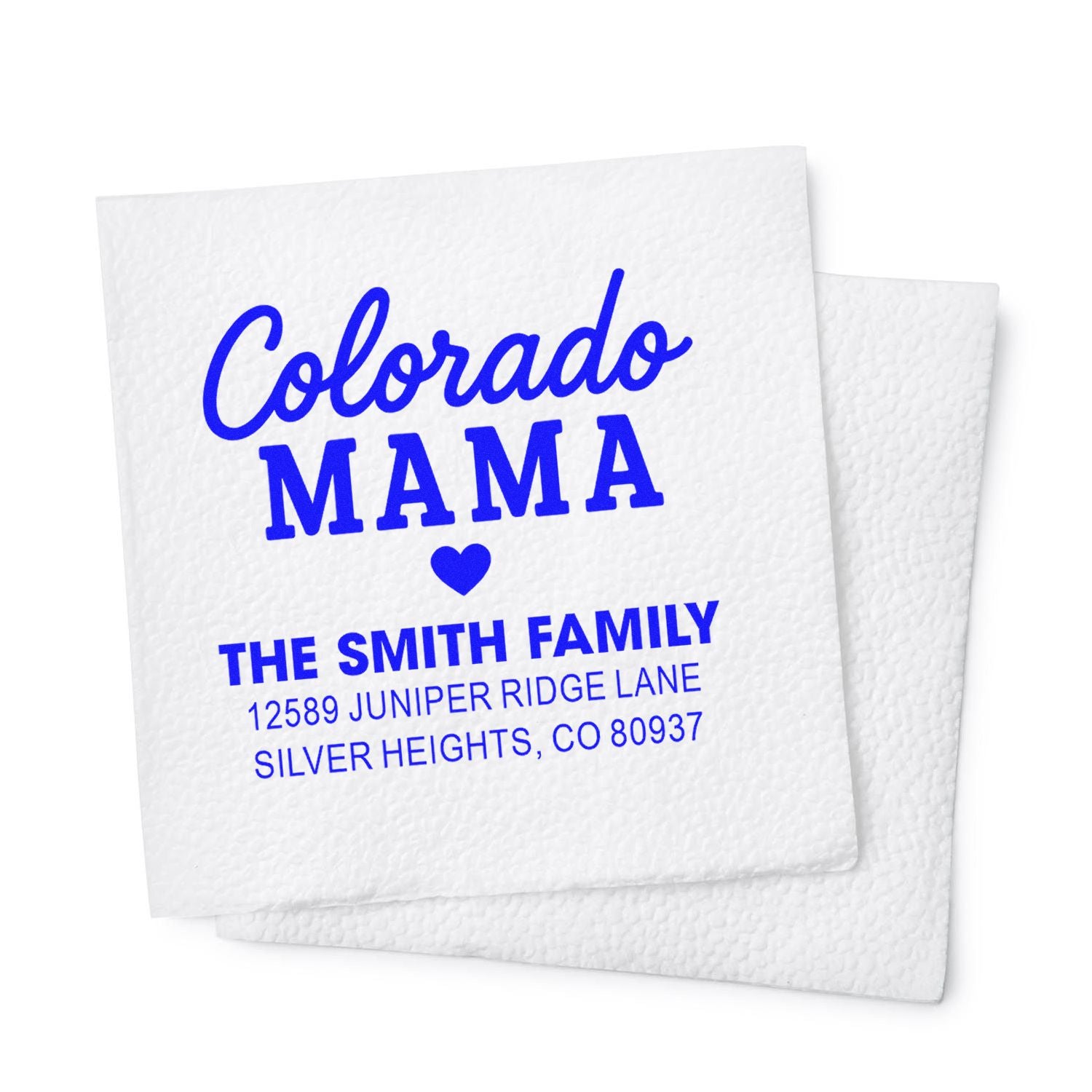 Custom Colorado Mama return address rubber stamp with family name and mailing address for personalized envelopes and mail.