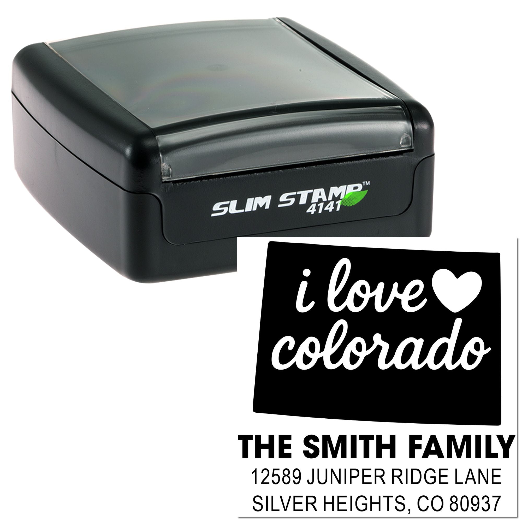 Custom personalized return address rubber stamp, self-inking slim stamp with I love Colorado example imprint.