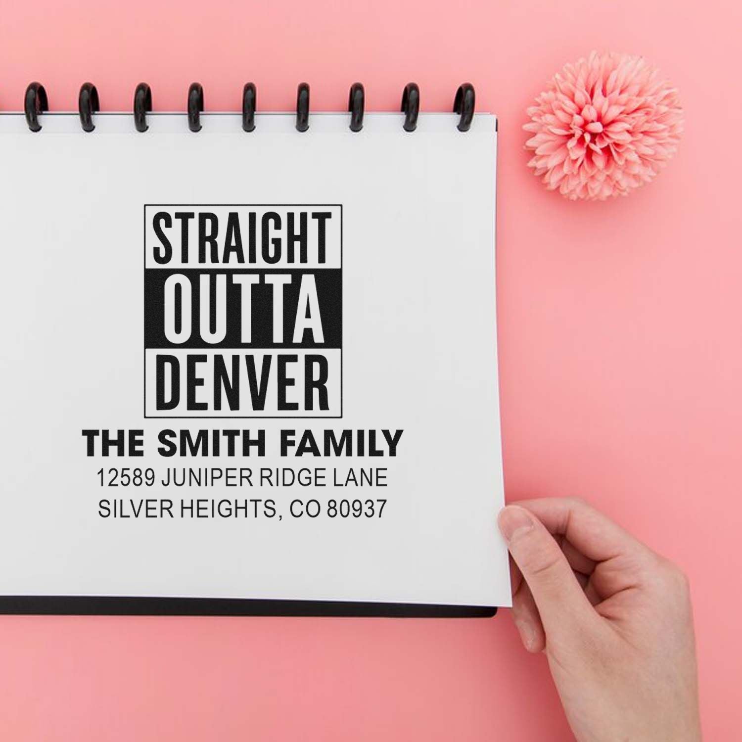 Custom return address rubber stamp with Straight Outta Denver design for The Smith Family.
