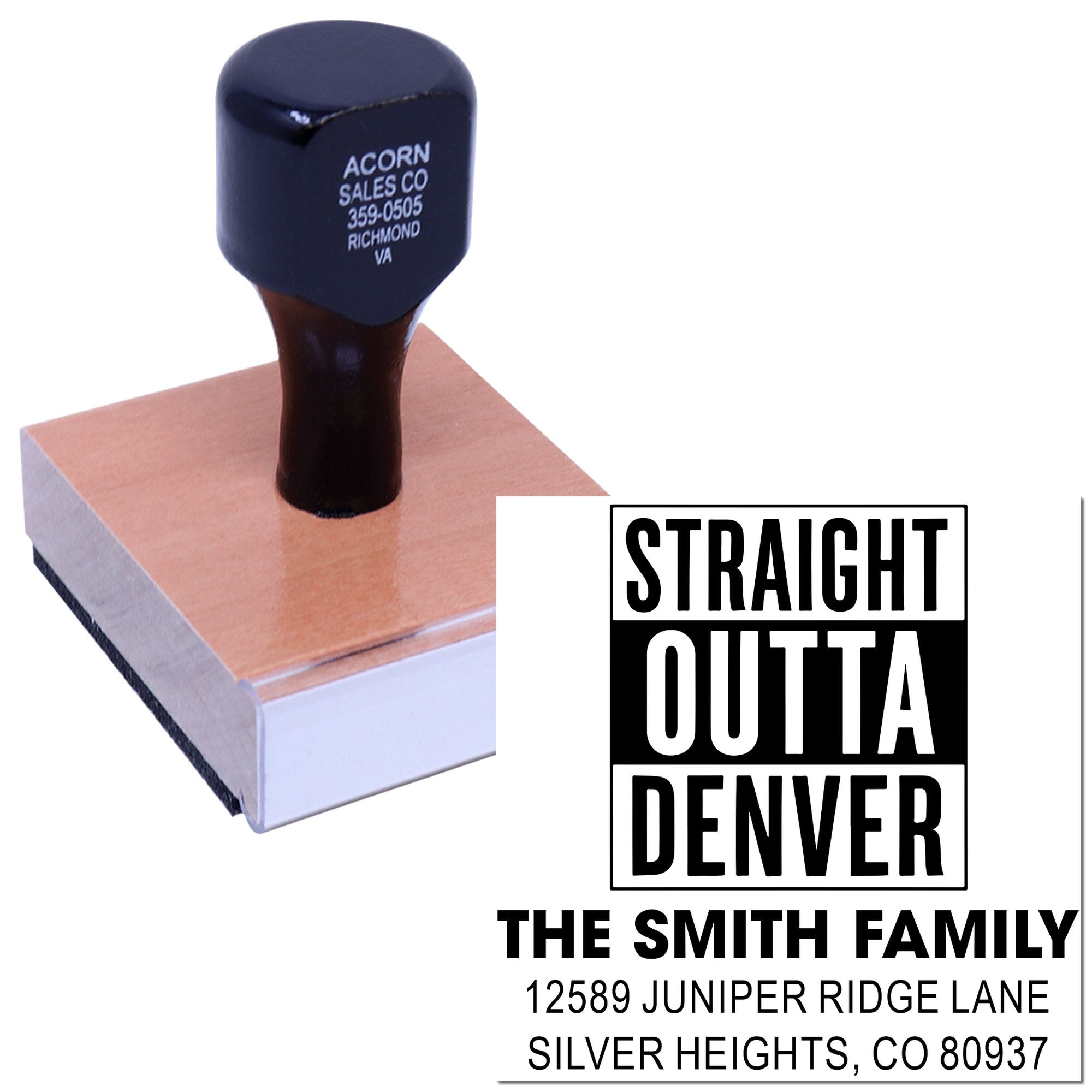Custom rubber stamp with Straight Outta Denver return address design for personalized family mailing.