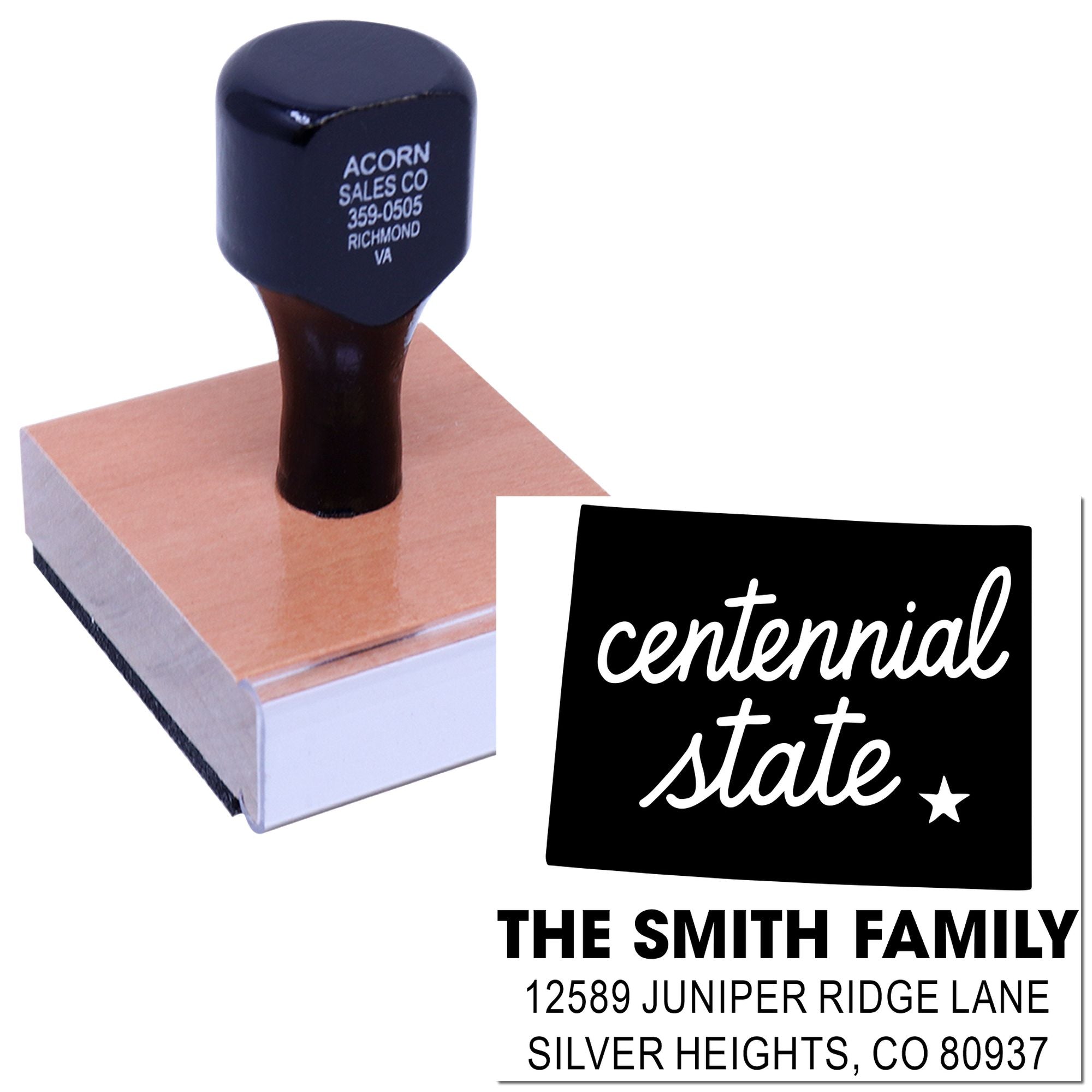 Custom rubber address stamp featuring Centennial State and The Smith Family return address for envelopes and mailings.