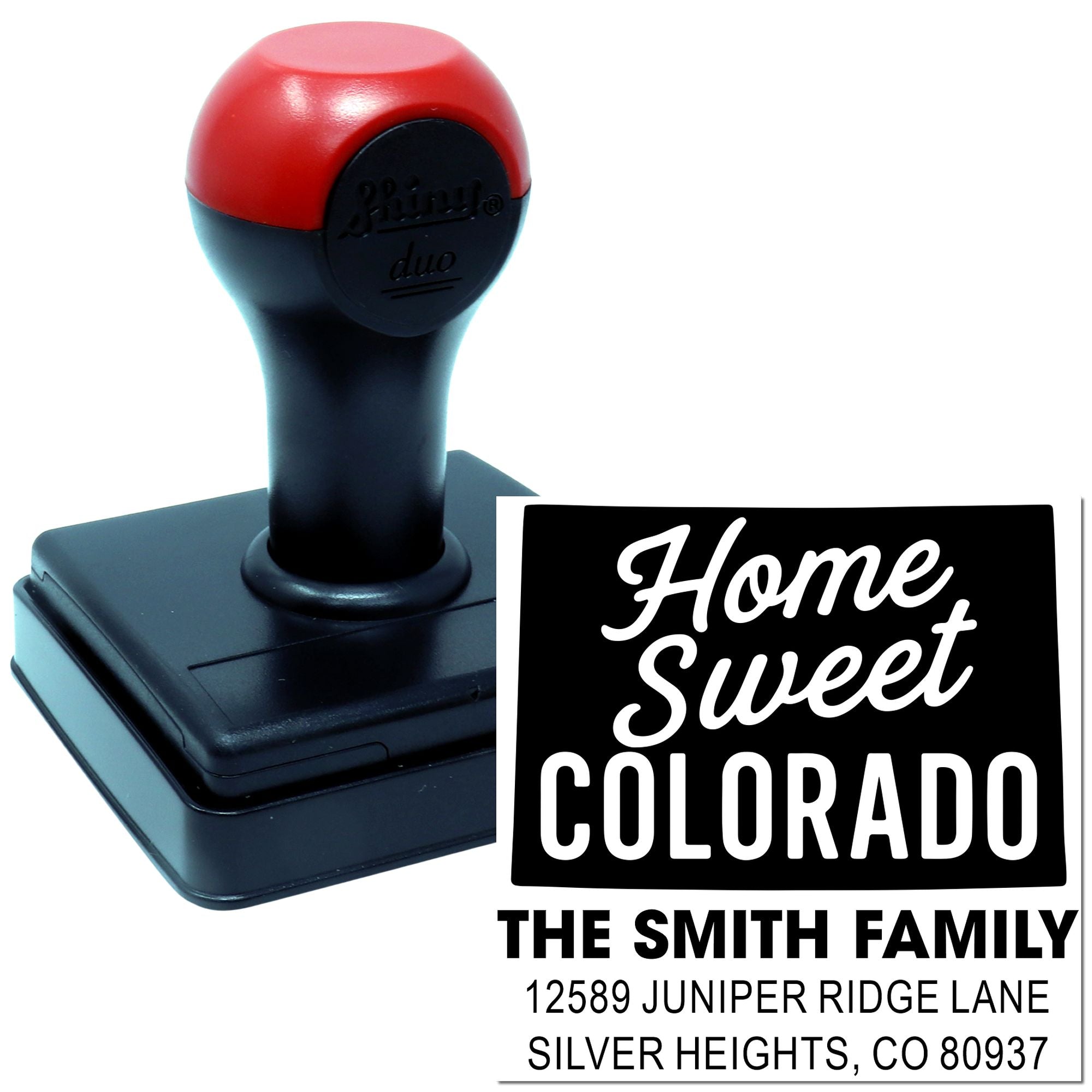 Custom self-inking rubber address stamp with Home Sweet Colorado return address design for personalized mailings