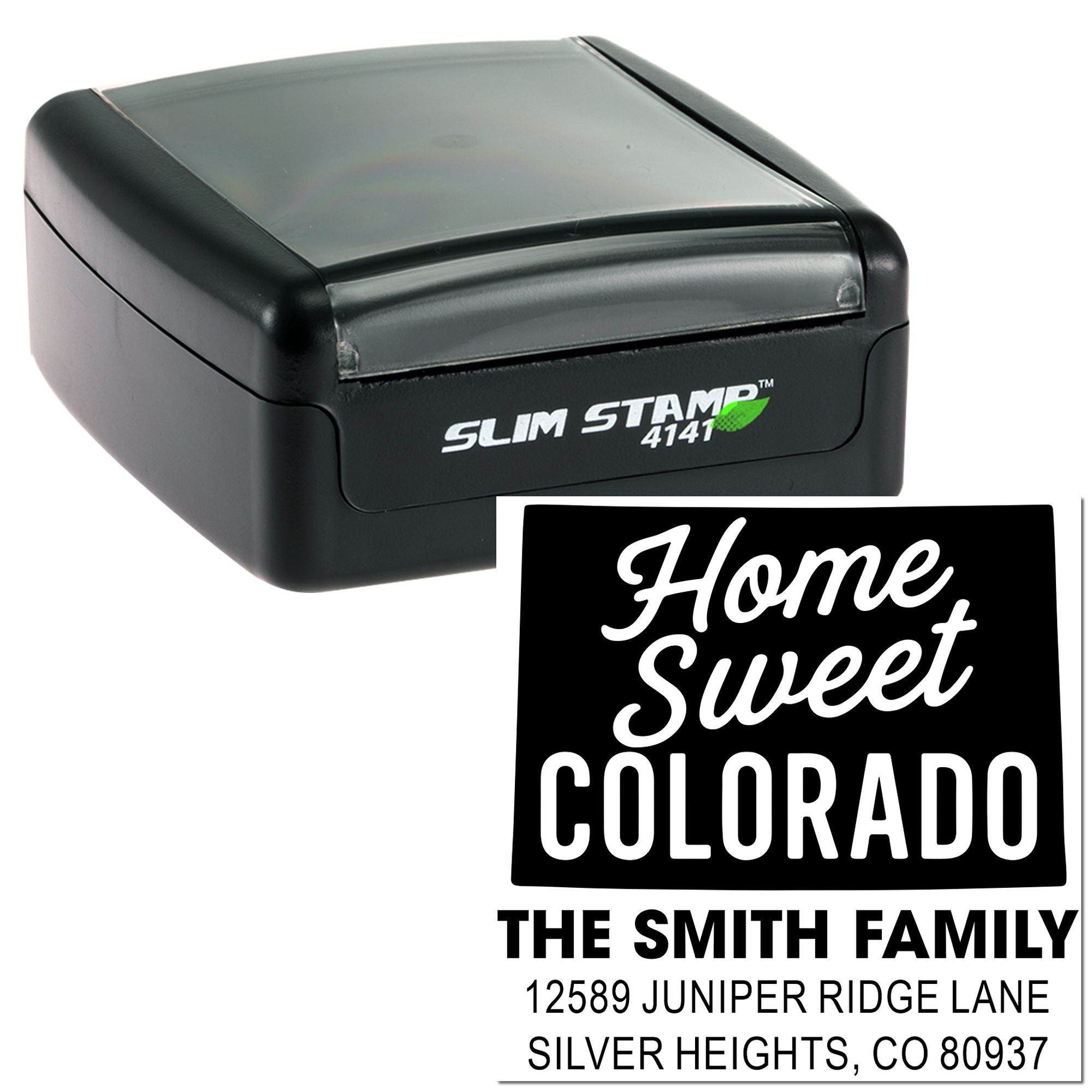 Personalized Slim Stamp return address rubber stamp with Home Sweet Colorado design for The Smith Family