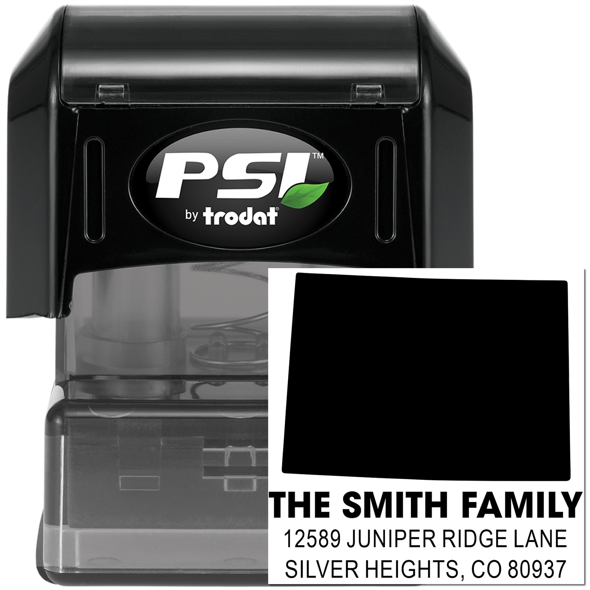 Custom self-inking PSI by Trodat rubber stamp for return addresses, featuring family name and full mailing address.