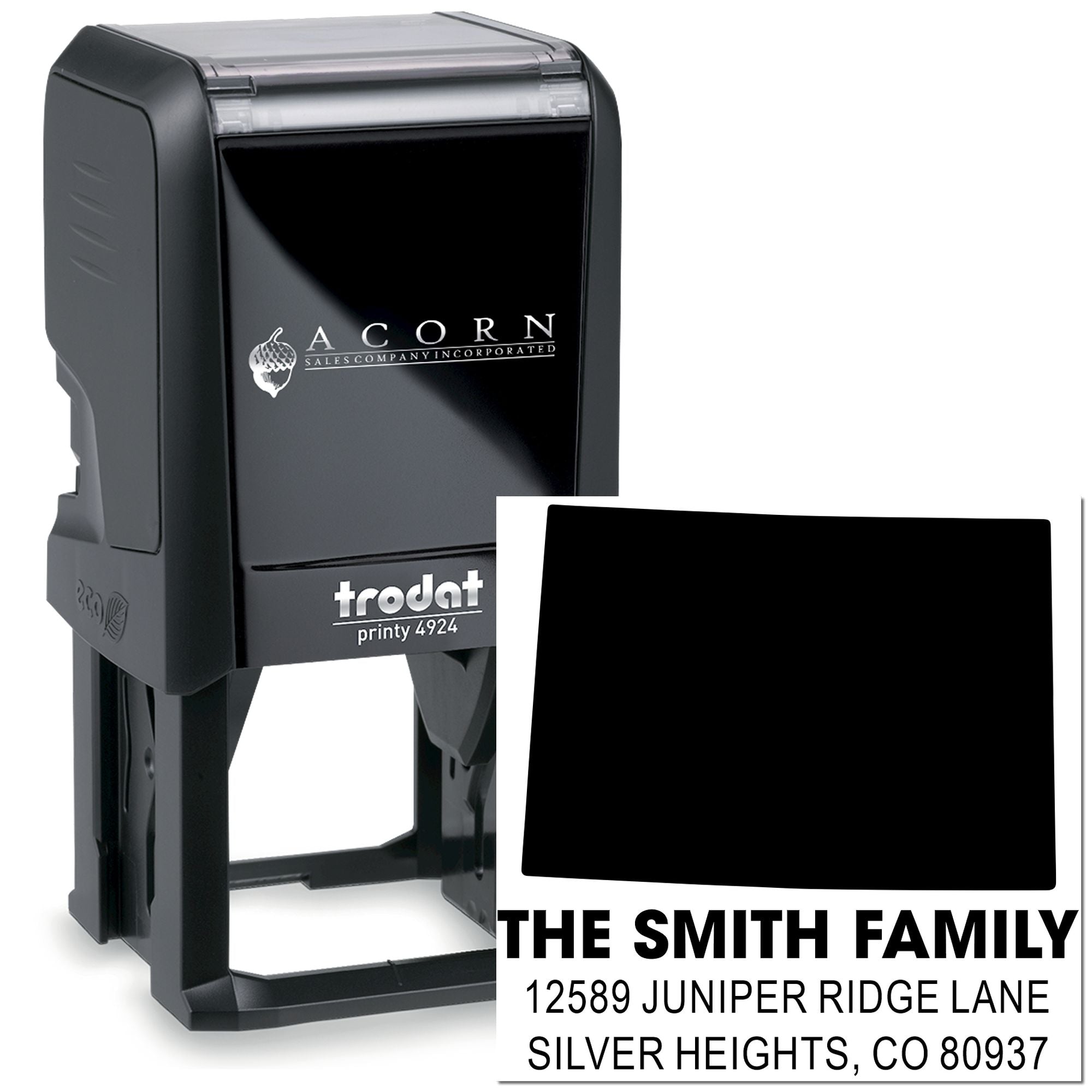 Personalized self-inking rubber address stamp, Trodat Printy 4924, with The Smith Family mailing design.