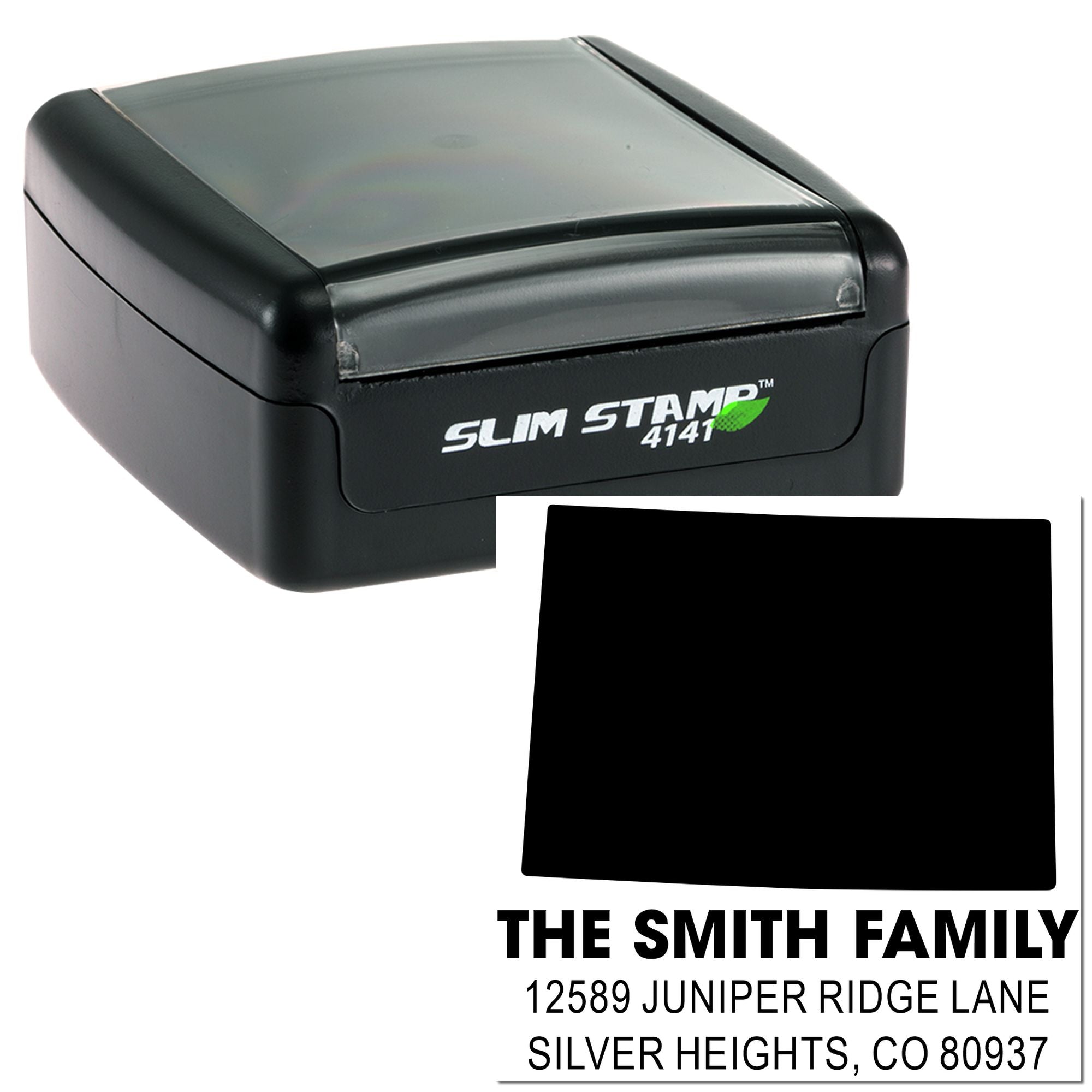 Custom self-inking rubber address stamp for envelopes, showing Slim Stamp 4141 with sample family name and return address.