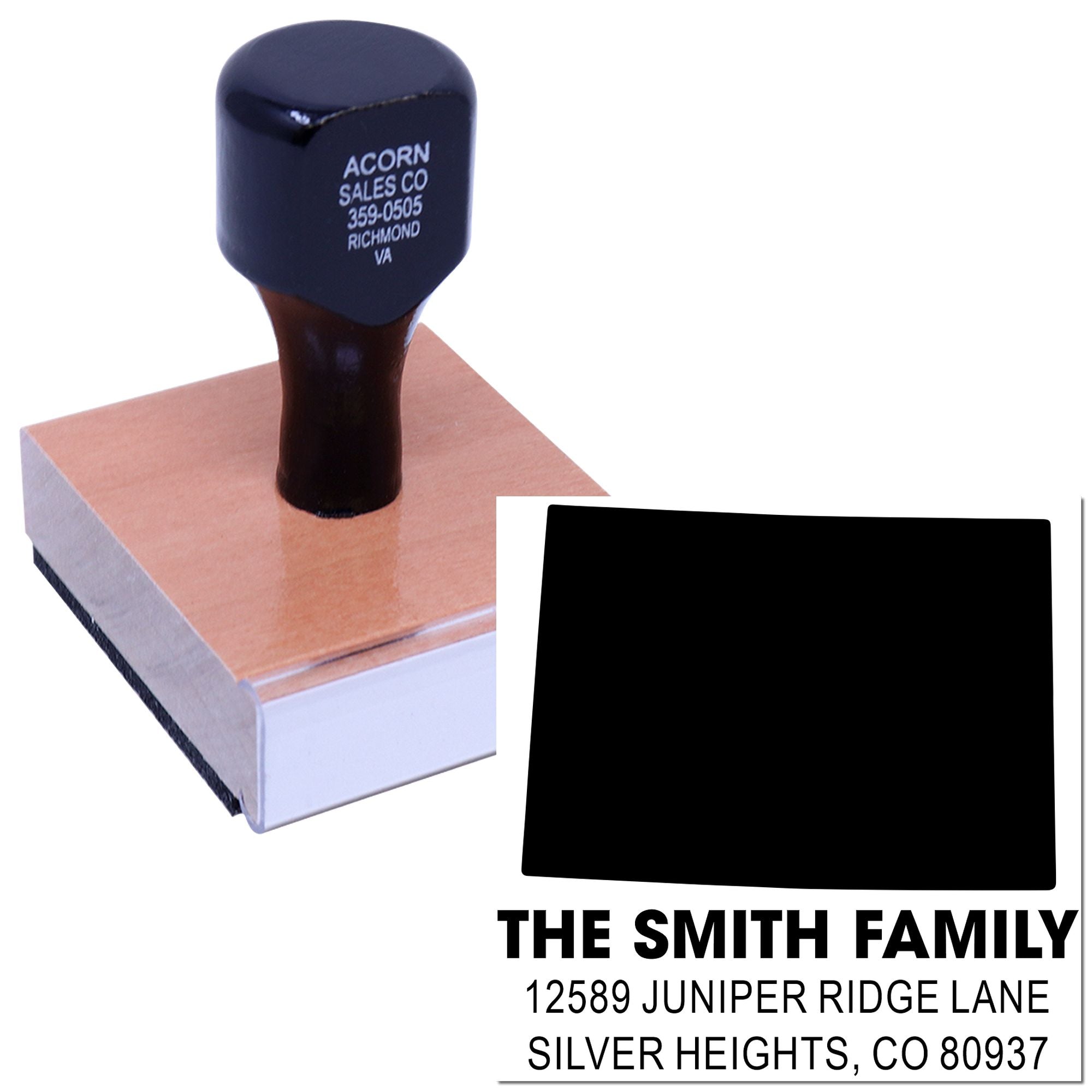 Custom self-inking rubber address stamp featuring The Smith Family name and mailing address.