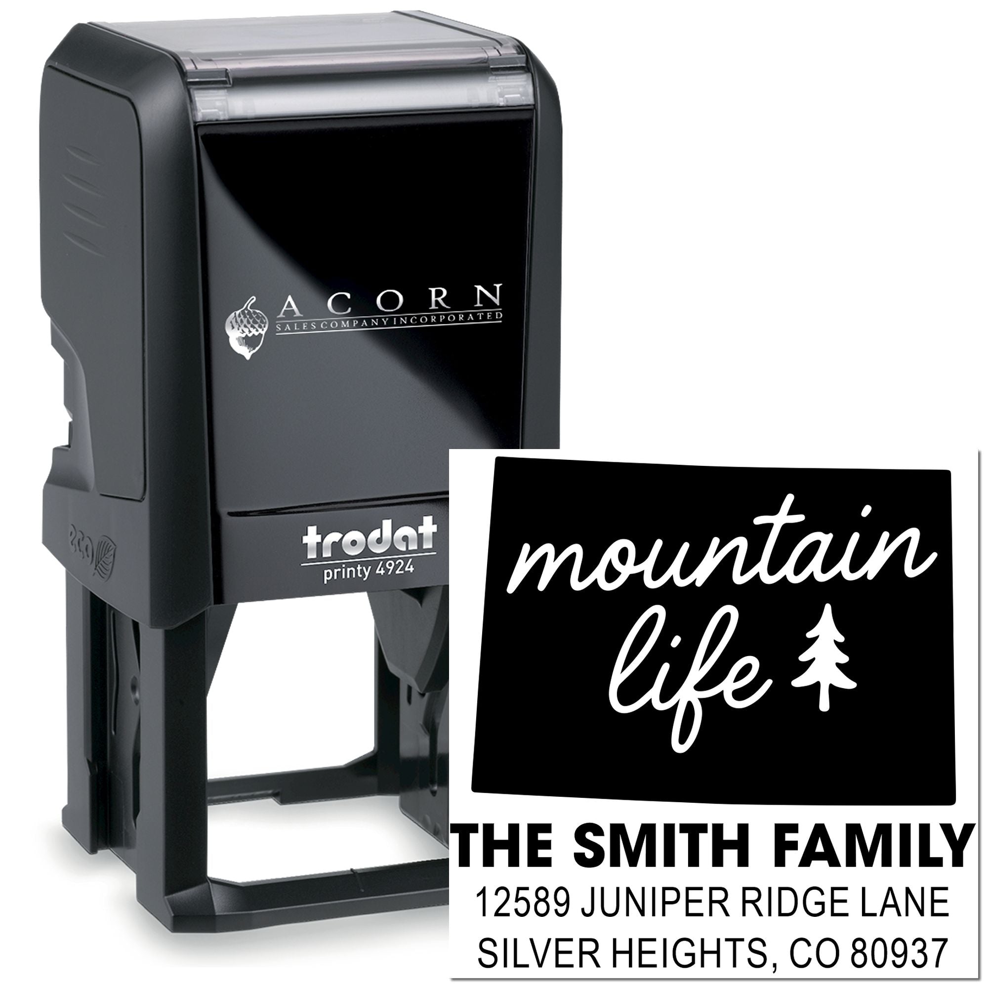 Custom self-inking address rubber stamp with mountain life design for personalized return mailings.