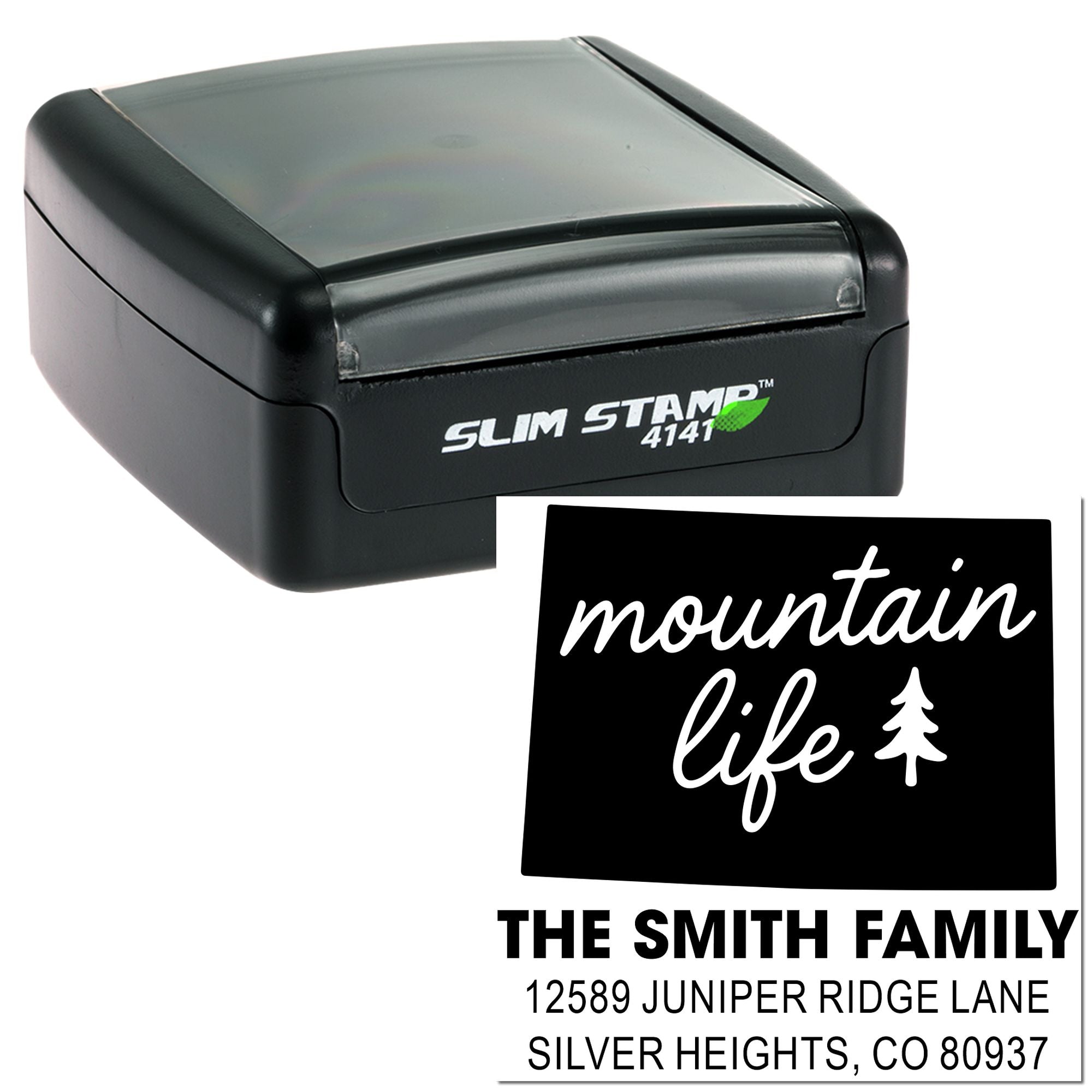 Custom self-inking rubber stamp for a mountain life return address, featuring The Smith Family name and address.