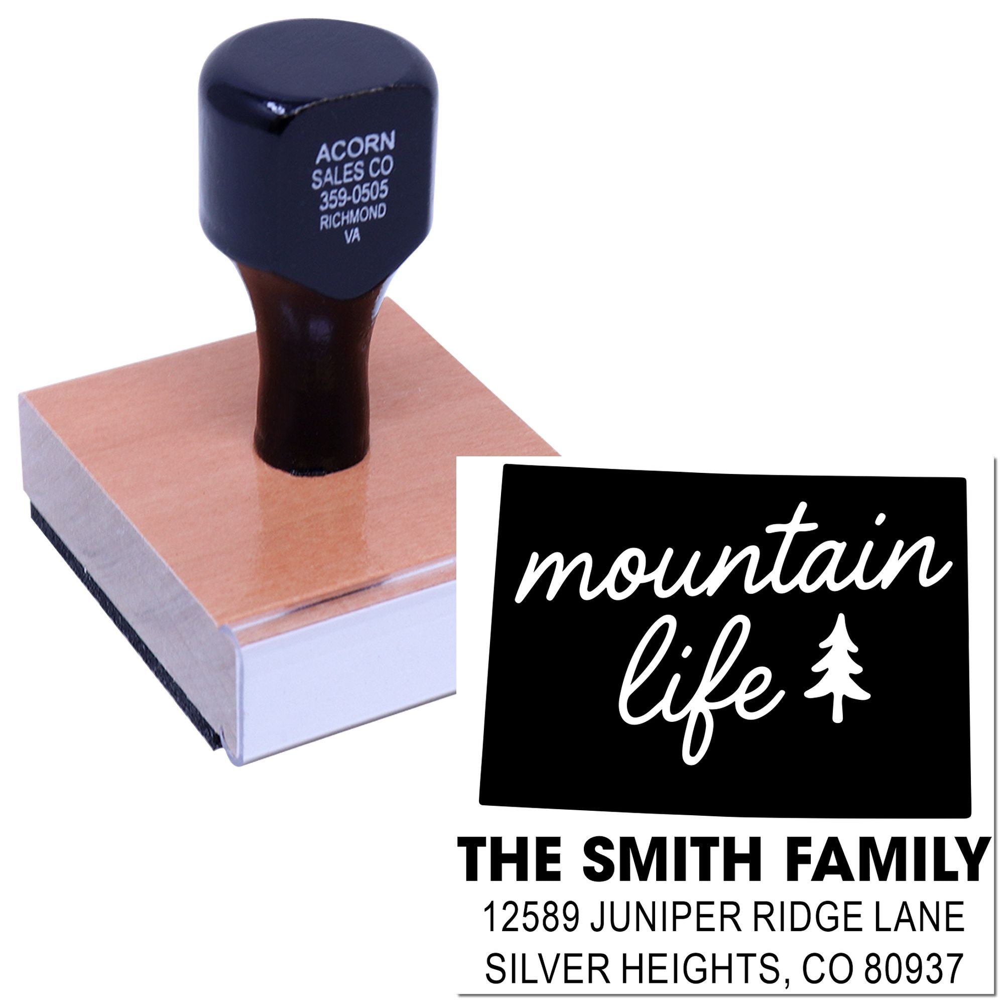 Custom address rubber stamp with Mountain Life design and The Smith Family imprint, shown on a wooden stamp block.