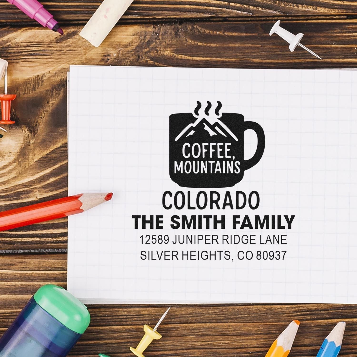 Personalized Colorado family address rubber stamp with coffee and mountains design for custom return mailing labels.