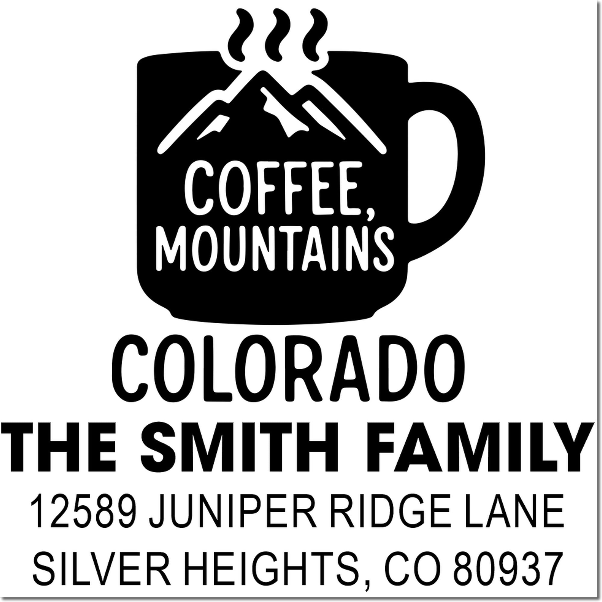Personalized Colorado address rubber stamp with coffee mountains design, The Smith Family, Silver Heights, CO 80937.