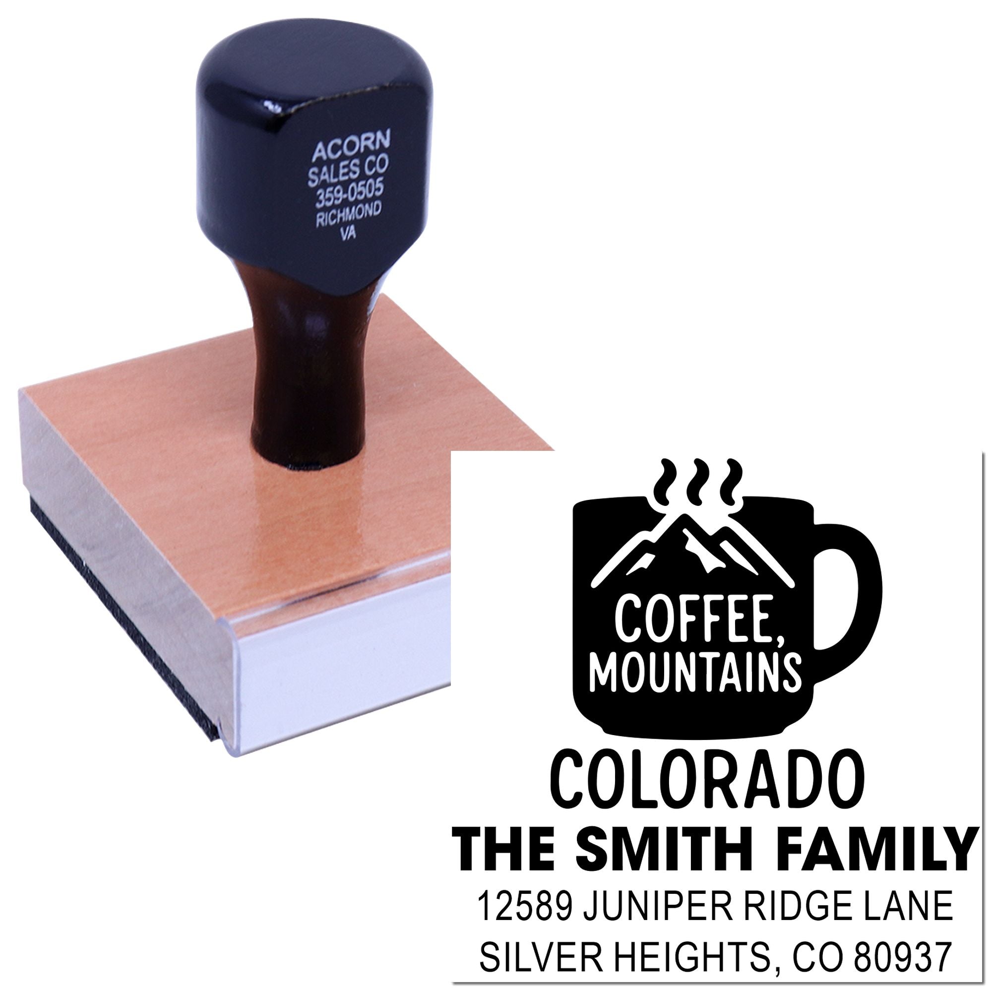 Custom self-inking rubber stamp with Colorado coffee mountains design, family name, and address imprint.