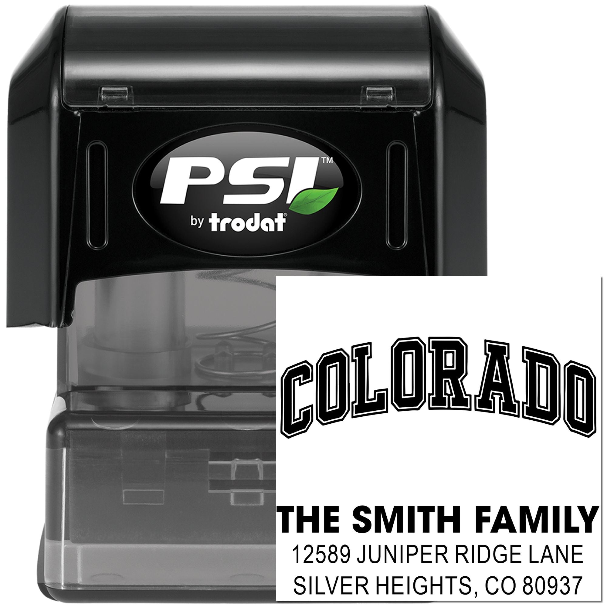 Custom self-inking rubber address stamp with Colorado family name and mailing address for envelopes and return labels.