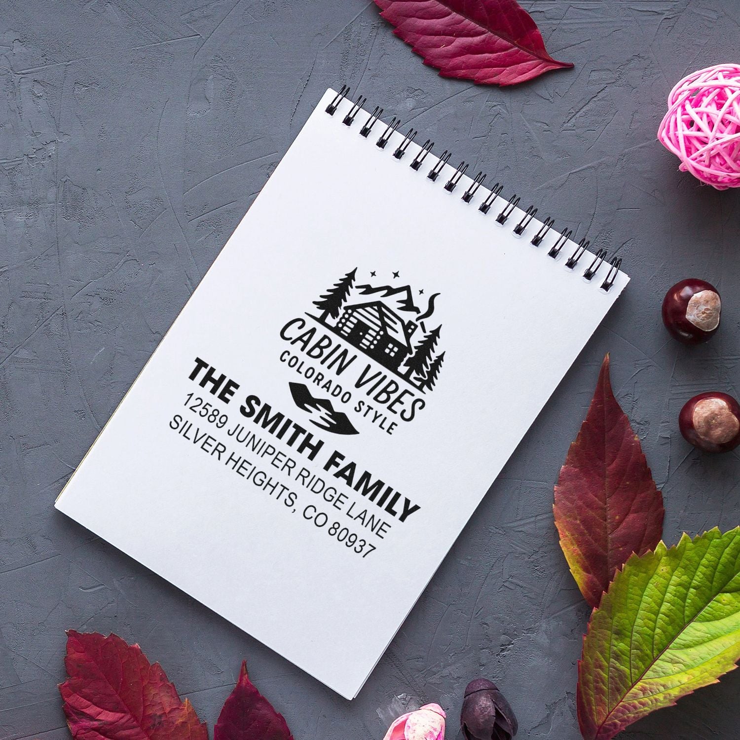 Personalized cabin vibes address rubber stamp for The Smith Family, featuring Colorado-style home address for stationery and mail.