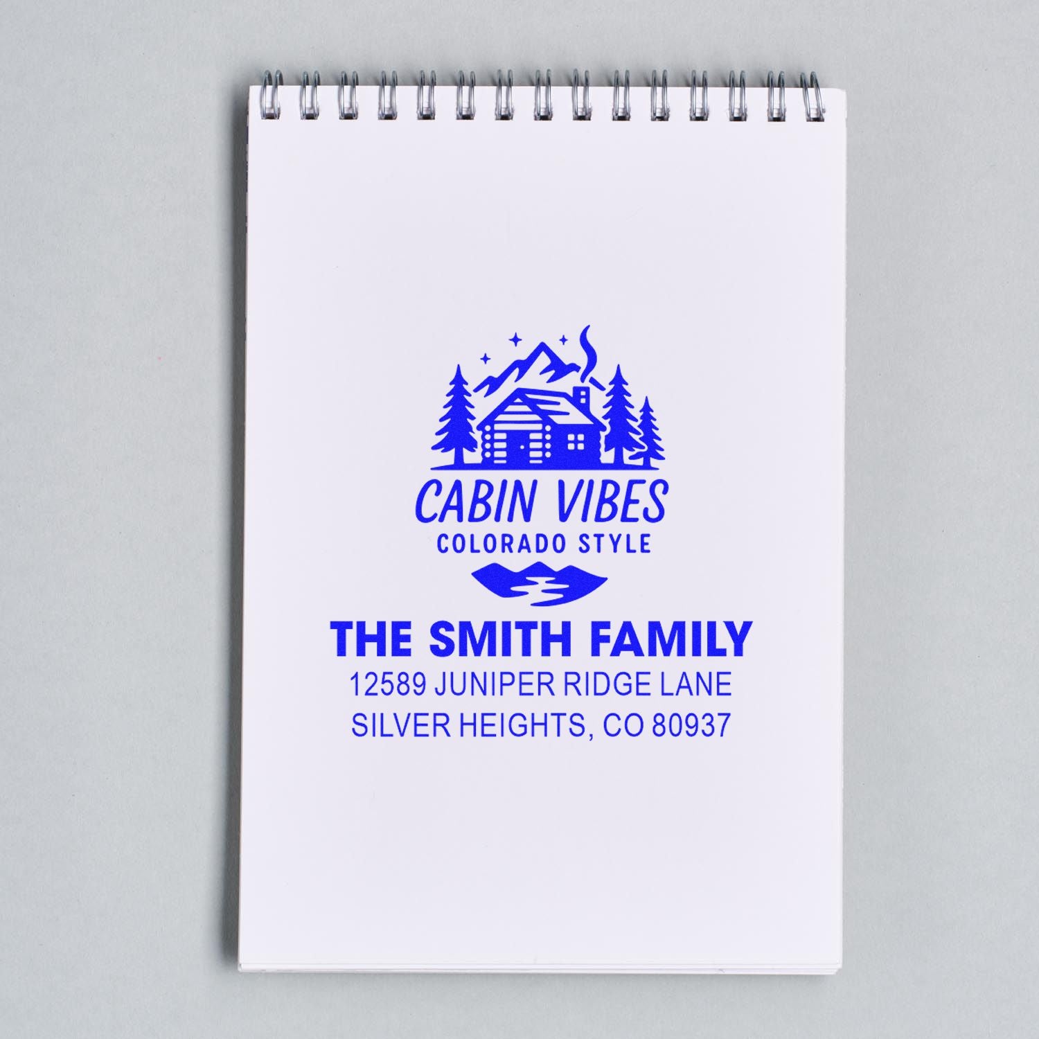 Custom cabin vibes return address rubber stamp for The Smith Family, featuring Colorado style and Silver Heights address.