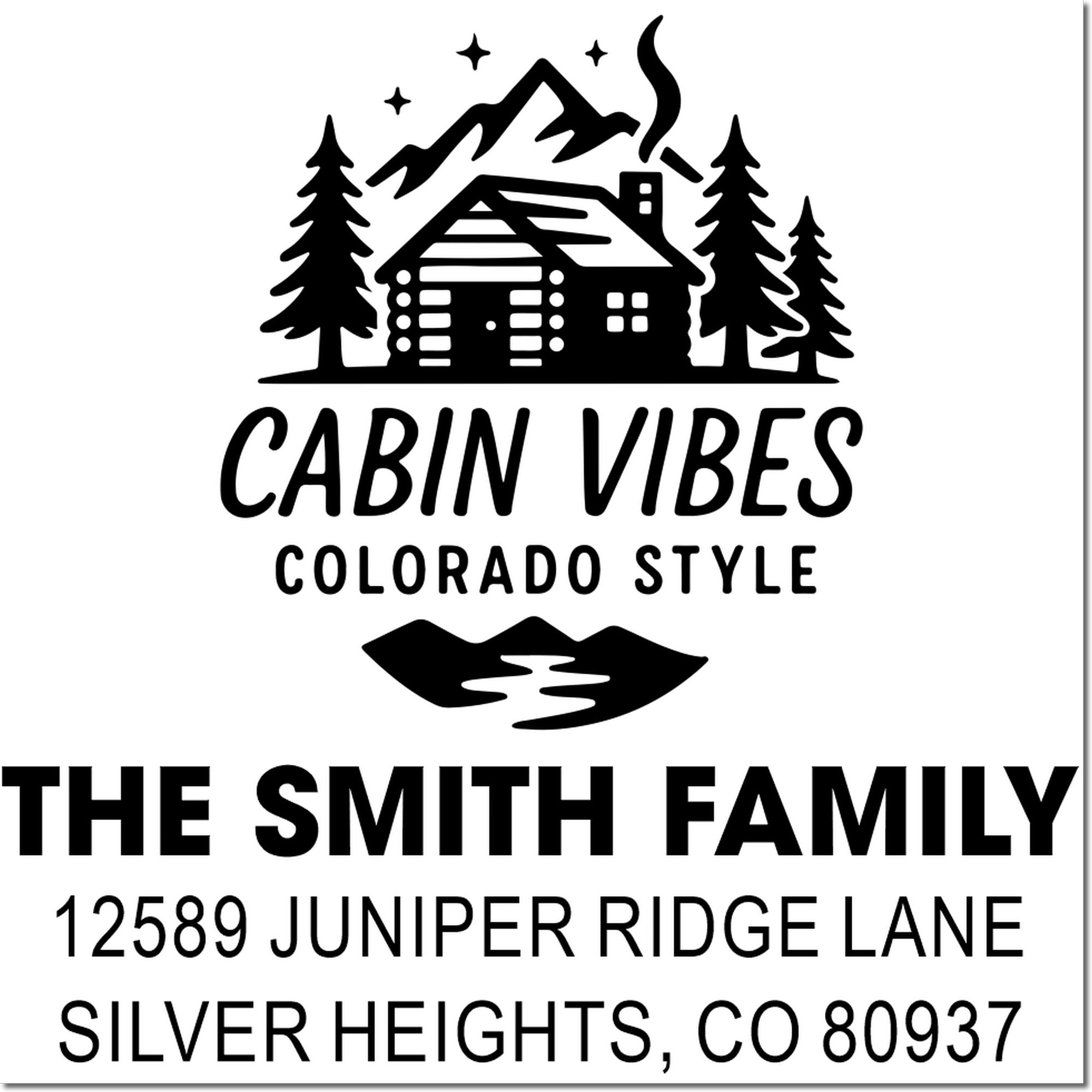 Custom cabin vibes return address stamp with mountain cabin design for The Smith Family, Silver Heights, CO 80937.