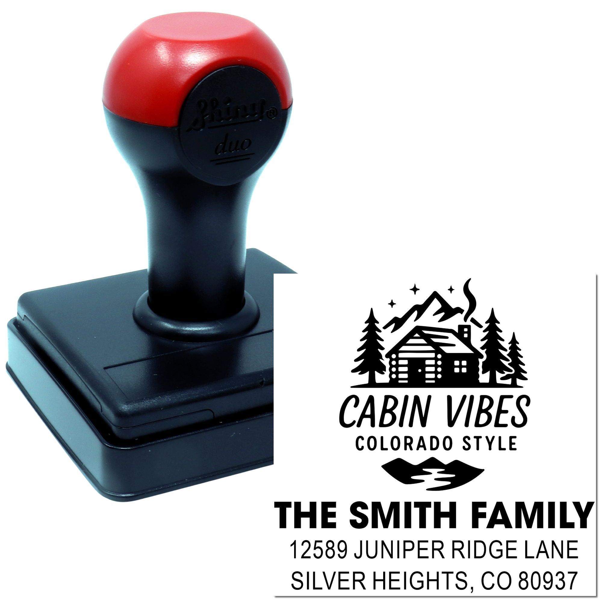 Custom self-inking rubber address stamp with cabin vibes design for The Smith Family return address in Silver Heights, CO.