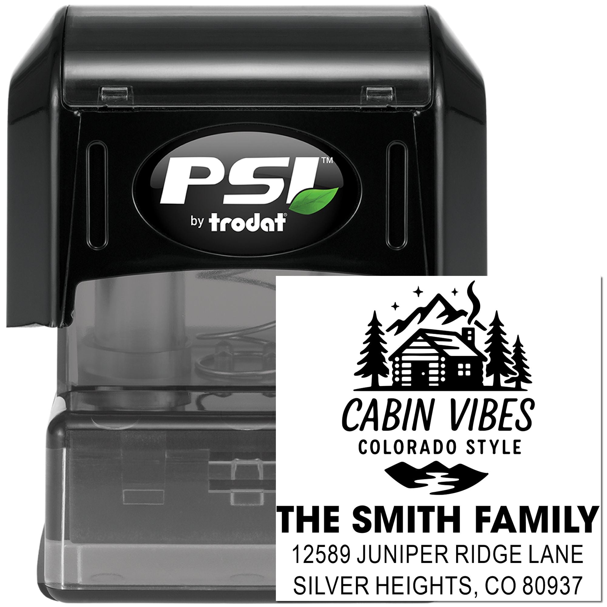 Custom self-inking rubber address stamp with cabin vibes design, The Smith Family, Silver Heights, Colorado.