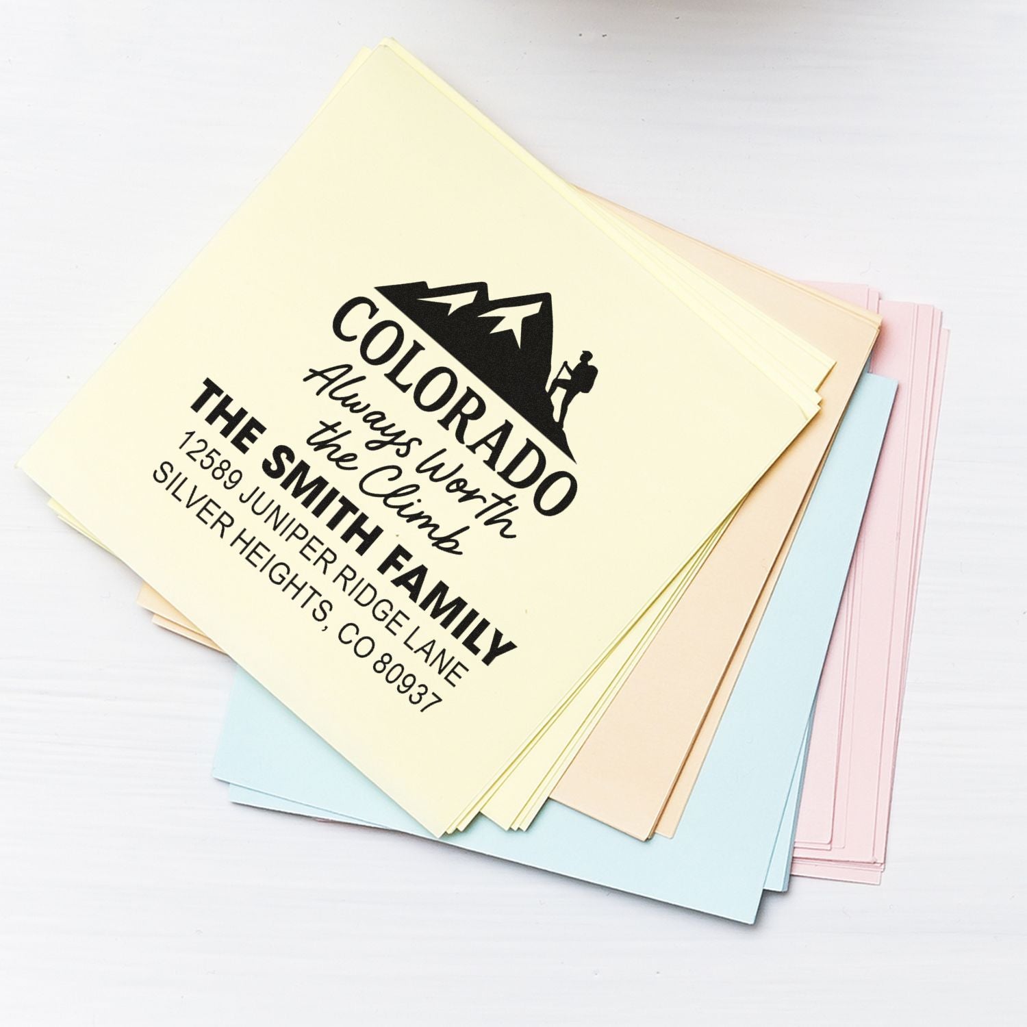 Custom Colorado family return address rubber stamp on pastel paper cards