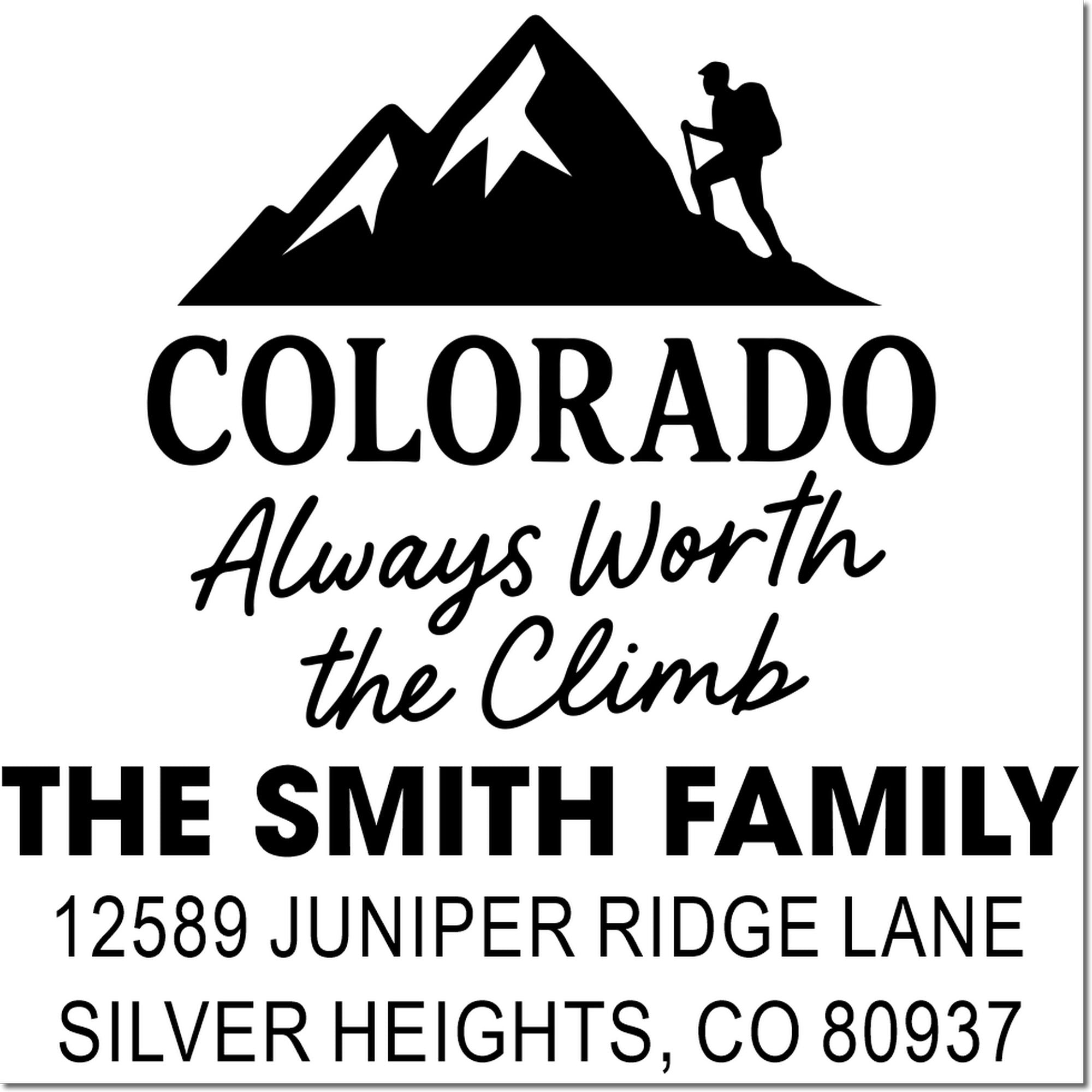 Personalized Colorado mountain climber return address rubber stamp for The Smith Family, 12589 Juniper Ridge Lane, Silver Heights, CO 80937