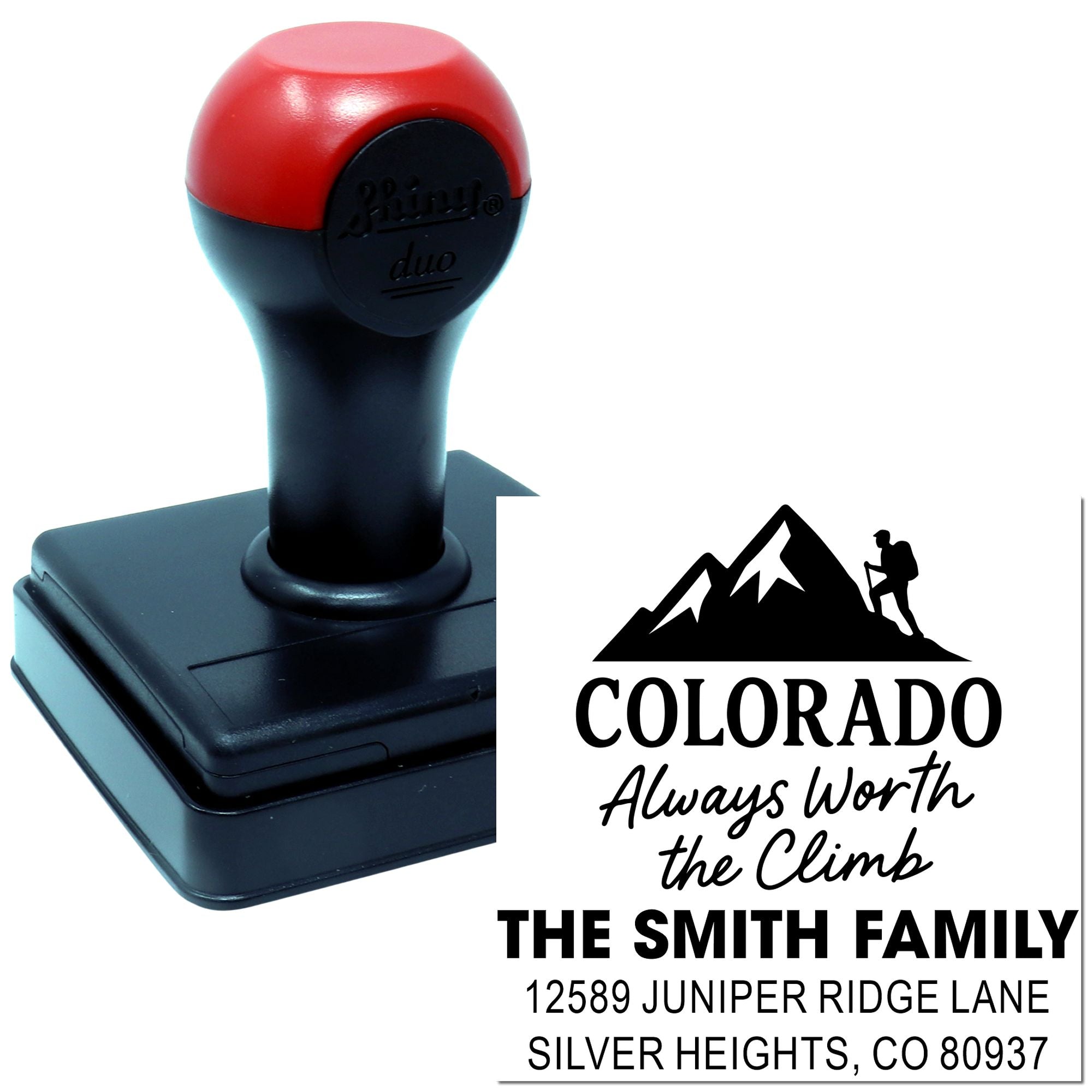 Custom self-inking rubber stamp with Colorado mountain design and personalized return address for The Smith Family.