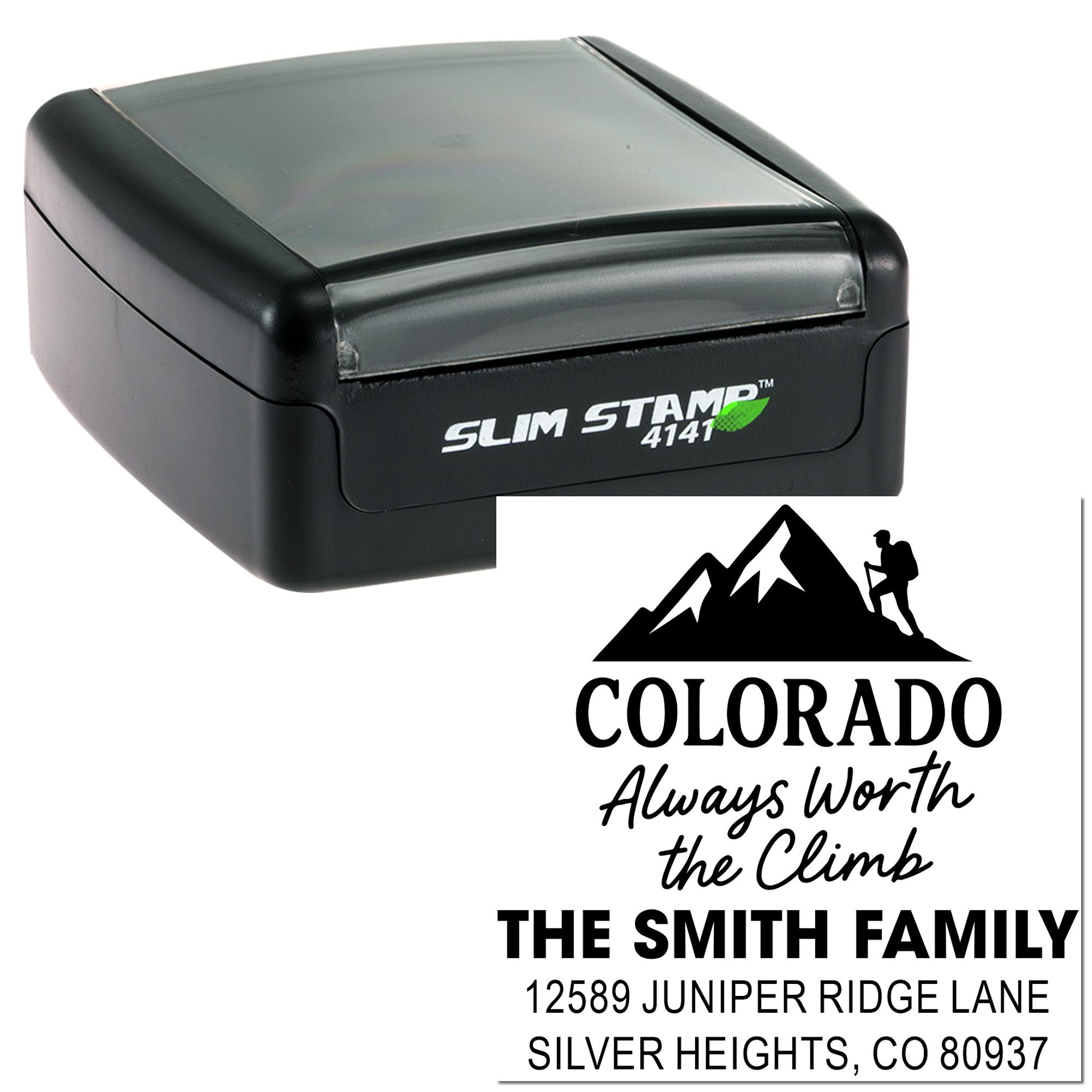 Slim Stamp 4141 custom Colorado address self-inking rubber stamp with mountain hiker design and return address imprint.