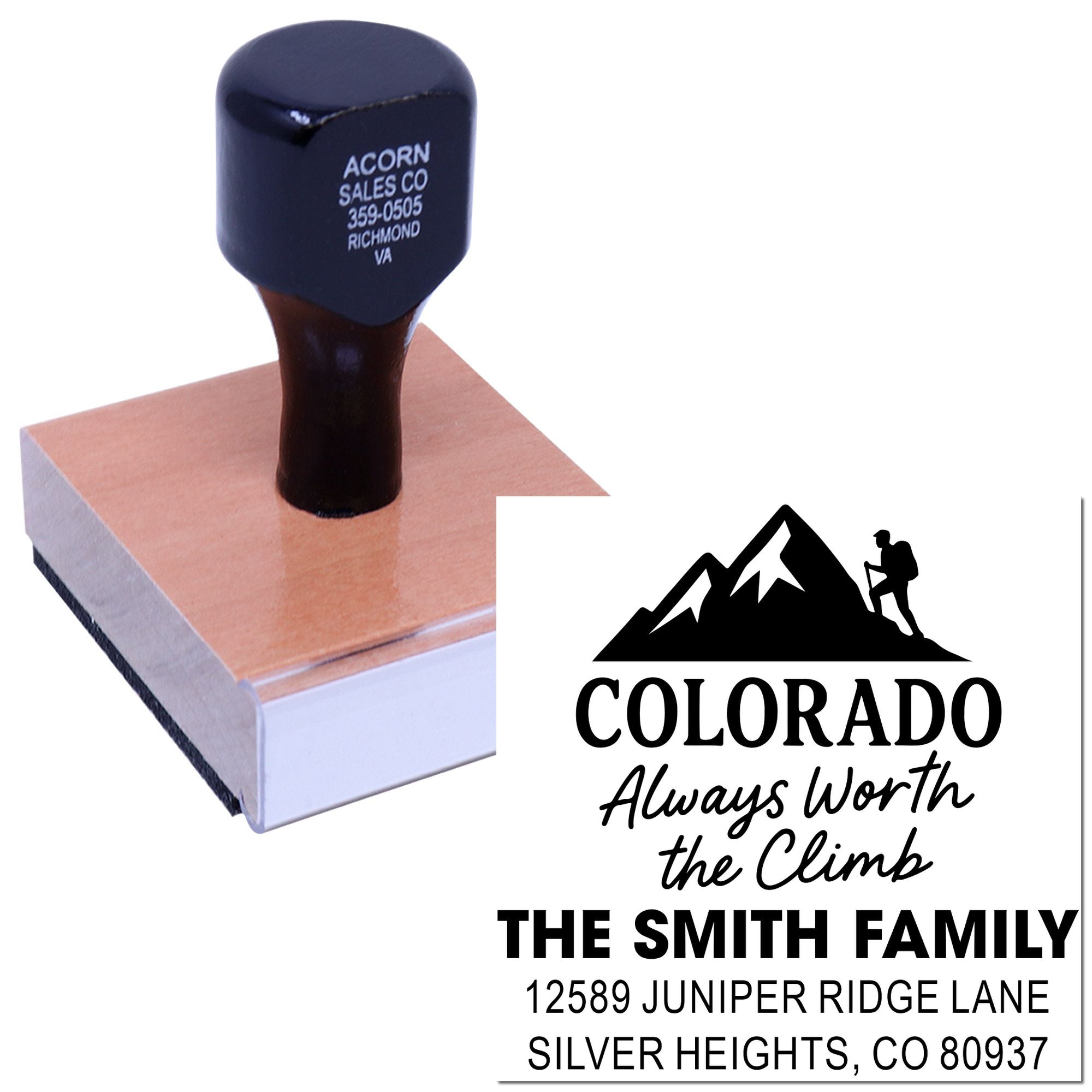Custom self-inking rubber stamp with Colorado mountain logo, Smith family name, and return address.