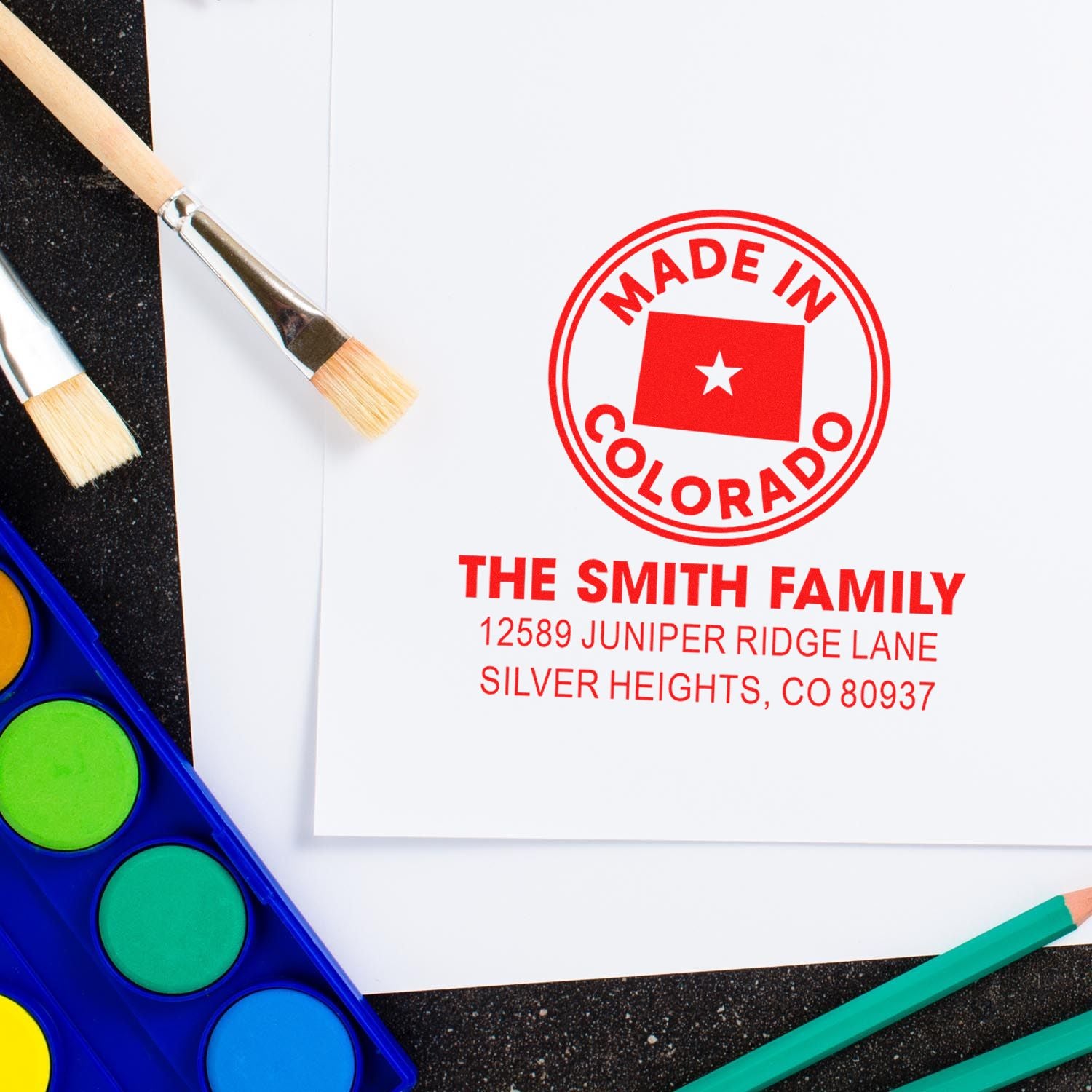 Custom rubber stamp imprint with Made in Colorado return address for The Smith Family, ideal for personalized stationery.