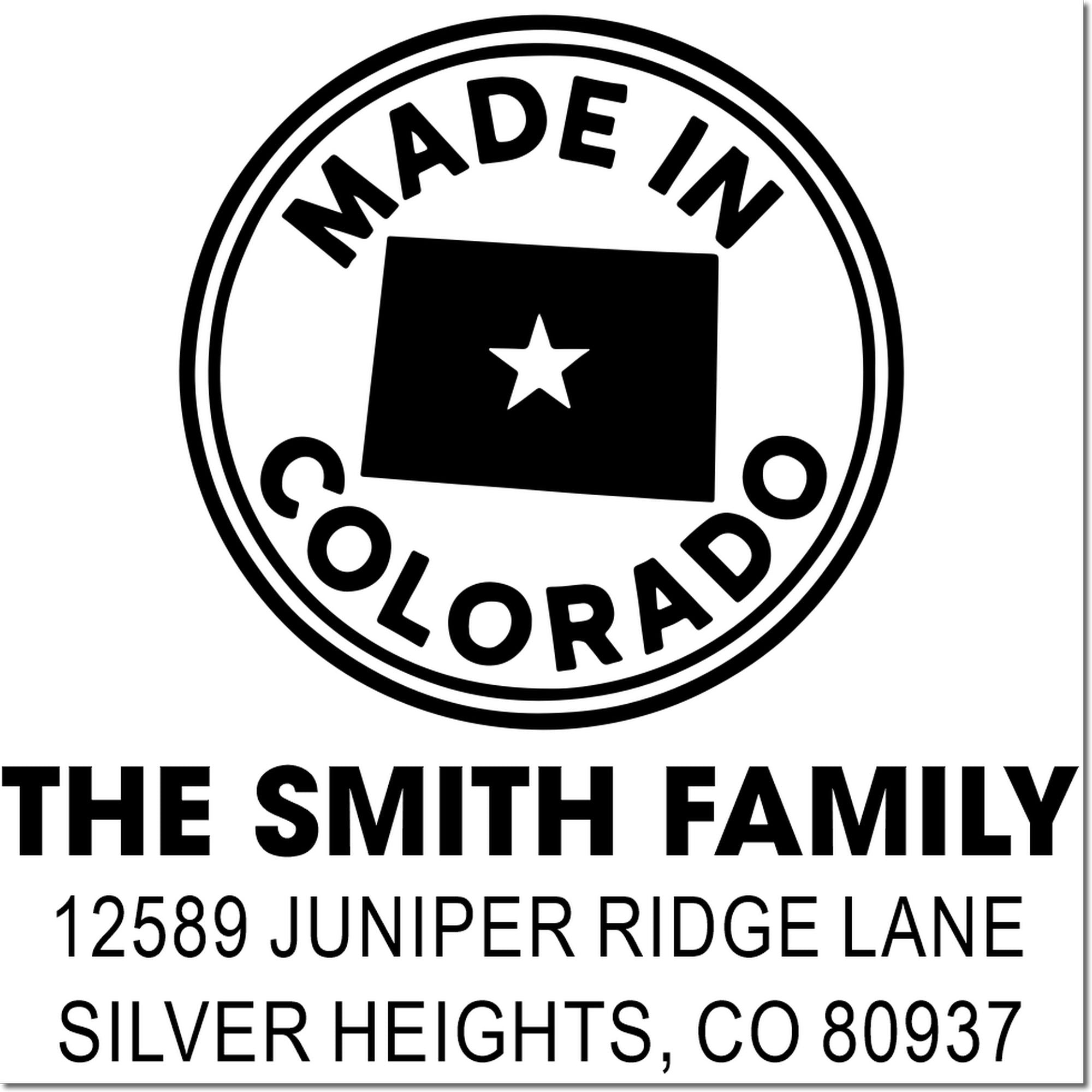 Custom return address rubber stamp for The Smith Family, Silver Heights, CO 80937, with Made in Colorado logo.