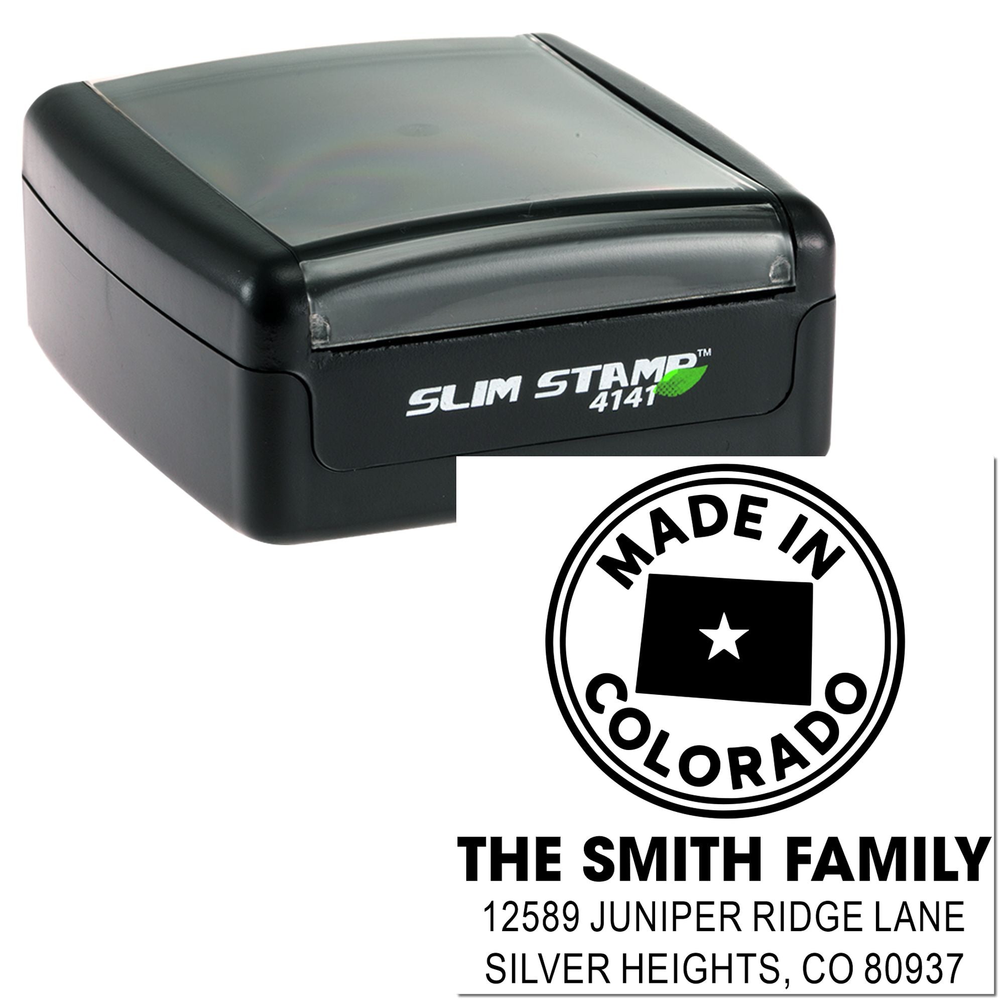 Custom Slim Stamp 4141 self-inking rubber stamp with Made in Colorado logo and The Smith Family return address.
