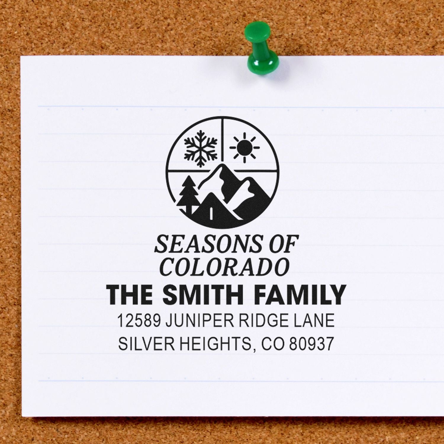 Custom return address rubber stamp for The Smith Family, featuring a Seasons of Colorado logo and Silver Heights, CO address.