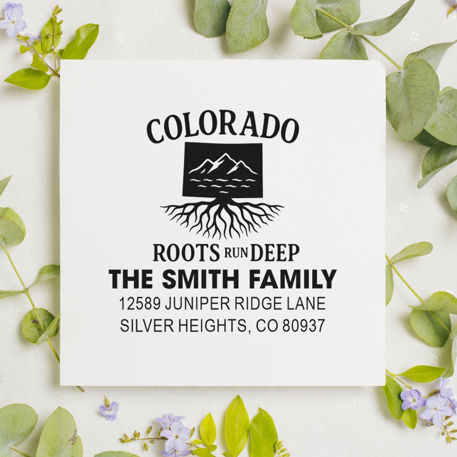 Custom Colorado family return address rubber stamp with mountain roots design, The Smith Family, Silver Heights, CO.