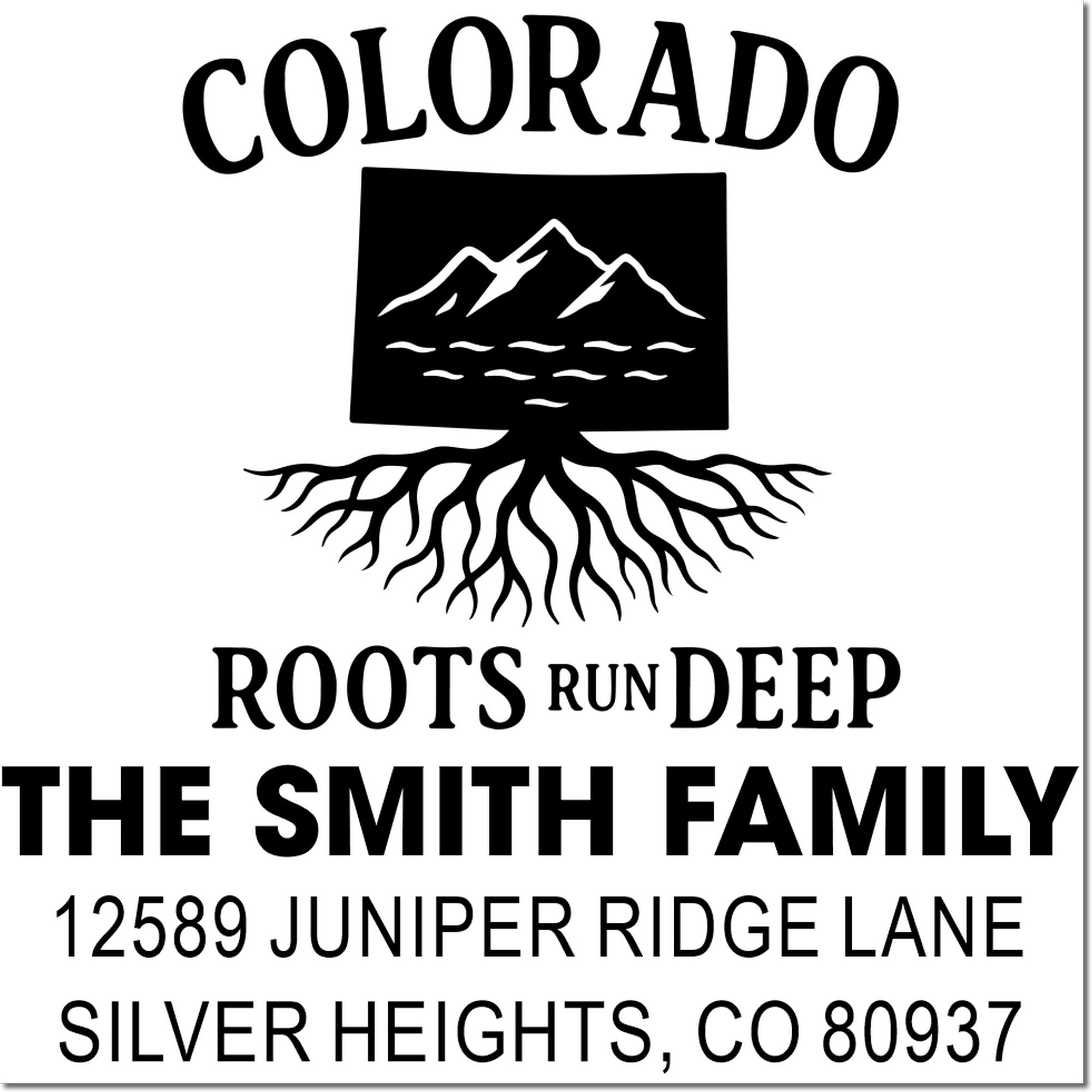 Custom Colorado family address rubber stamp with mountain roots design for The Smith Family, Silver Heights CO 80937