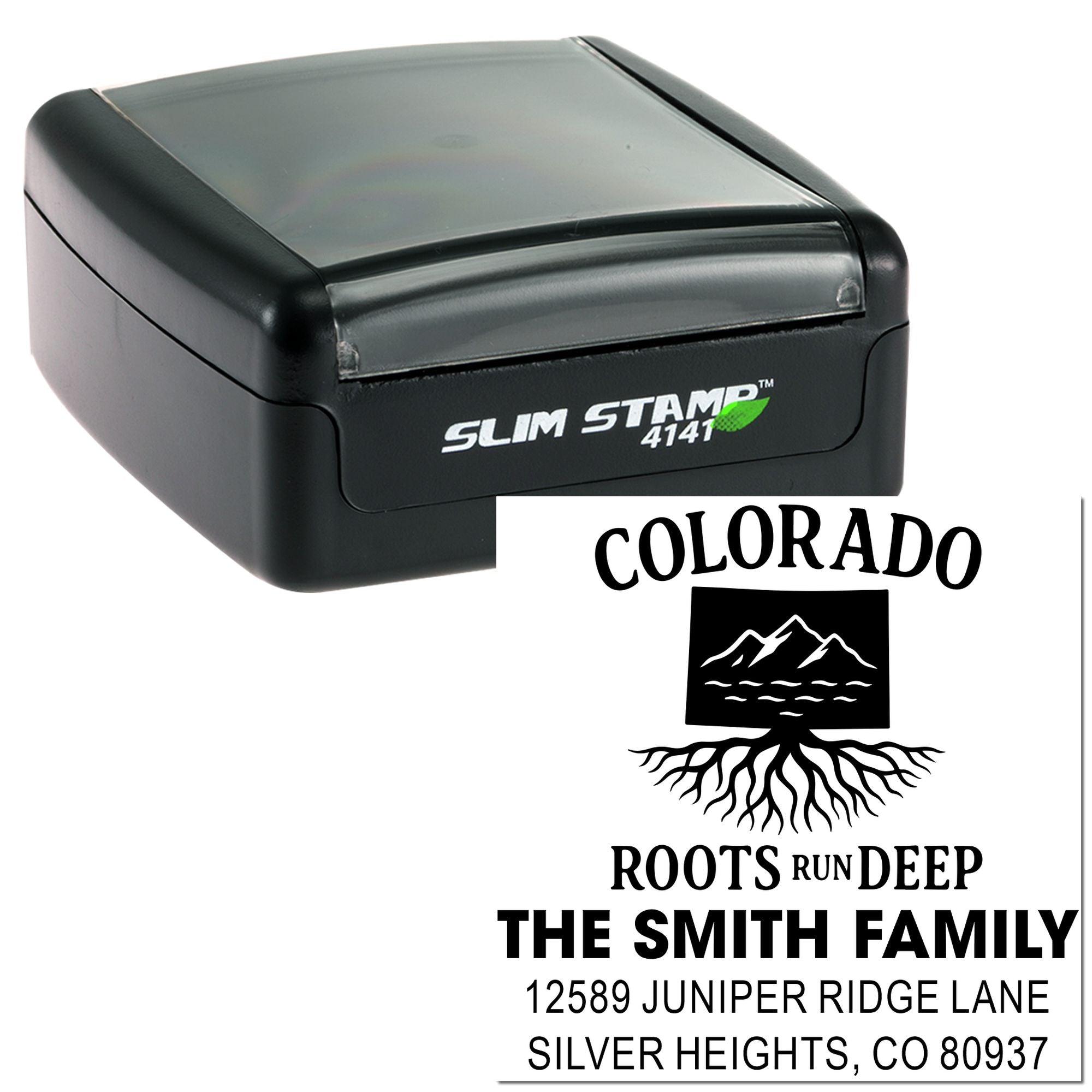 Custom Colorado family address rubber stamp with Roots Run Deep design for personalized self-inking stamping.