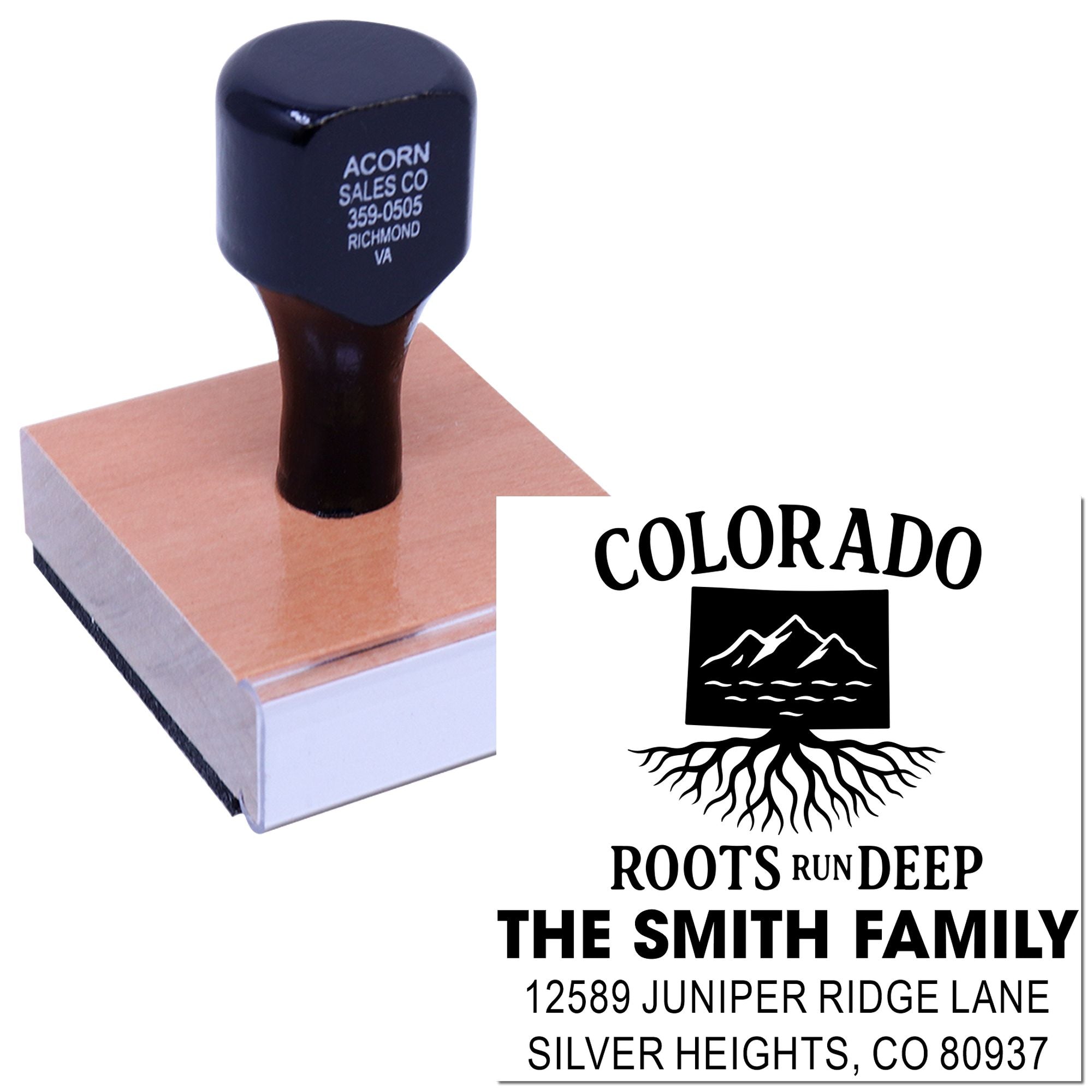 Custom Colorado family return address rubber stamp with Roots Run Deep mountain design and personalized address imprint.