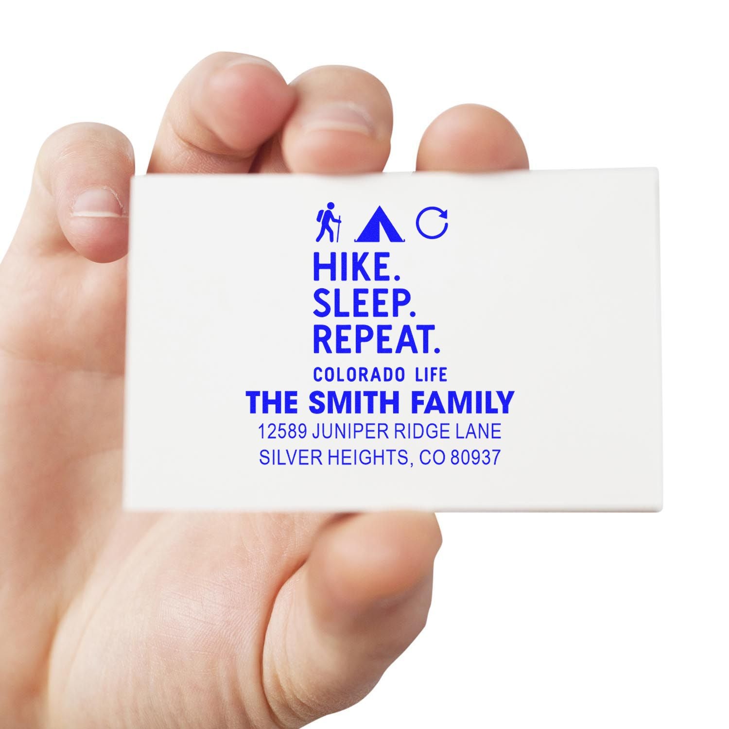 Custom hiking address rubber stamp for The Smith Family, featuring Colorado Life slogan and return mailing address.