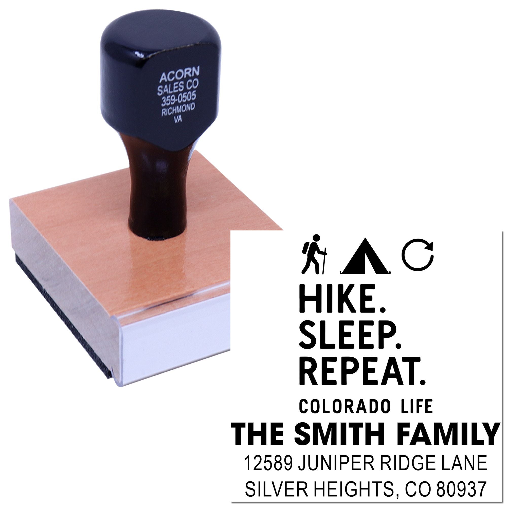 Personalized Colorado hiking return address rubber stamp for The Smith Family with custom mountain design.