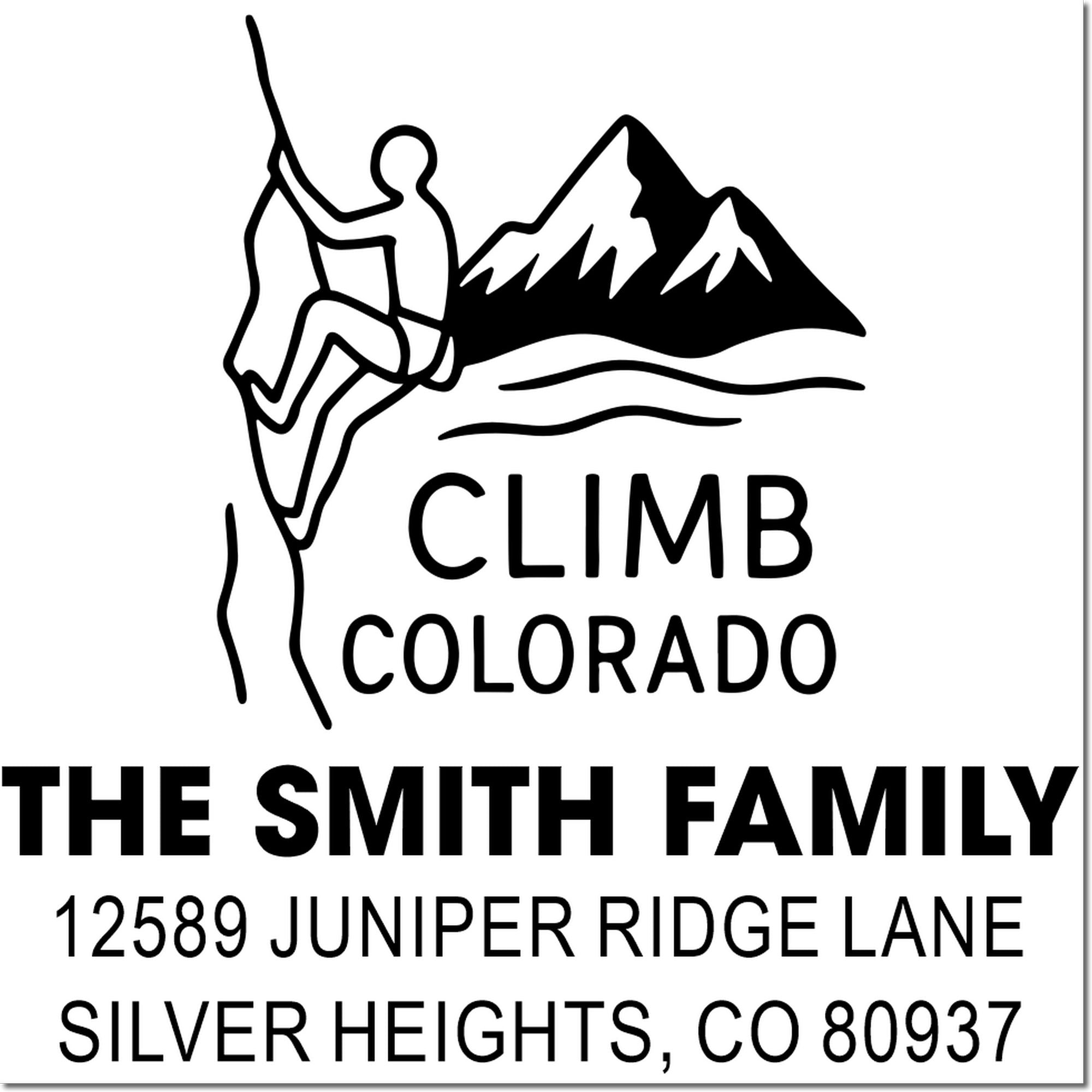 Custom rubber stamp design with mountain climber logo, Climb Colorado, The Smith Family, and Silver Heights, CO 80937 address.