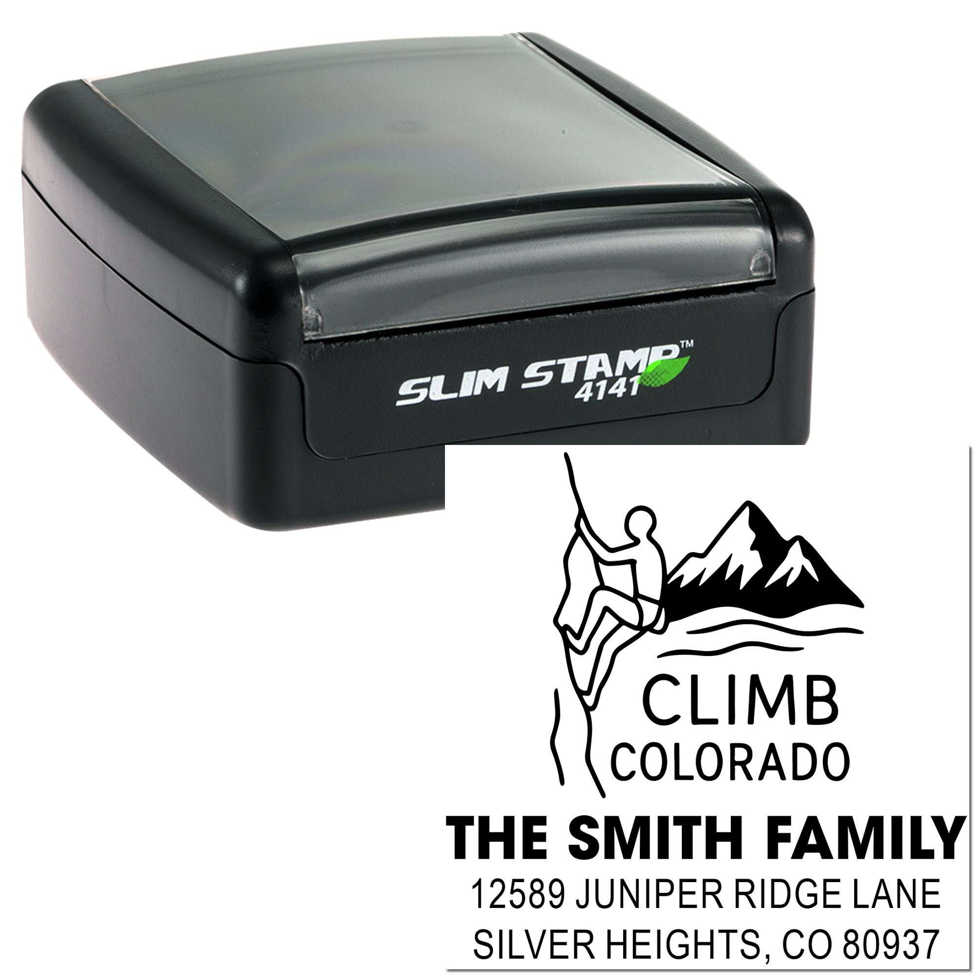 Custom self-inking rubber stamp with Climb Colorado return address design for The Smith Family.