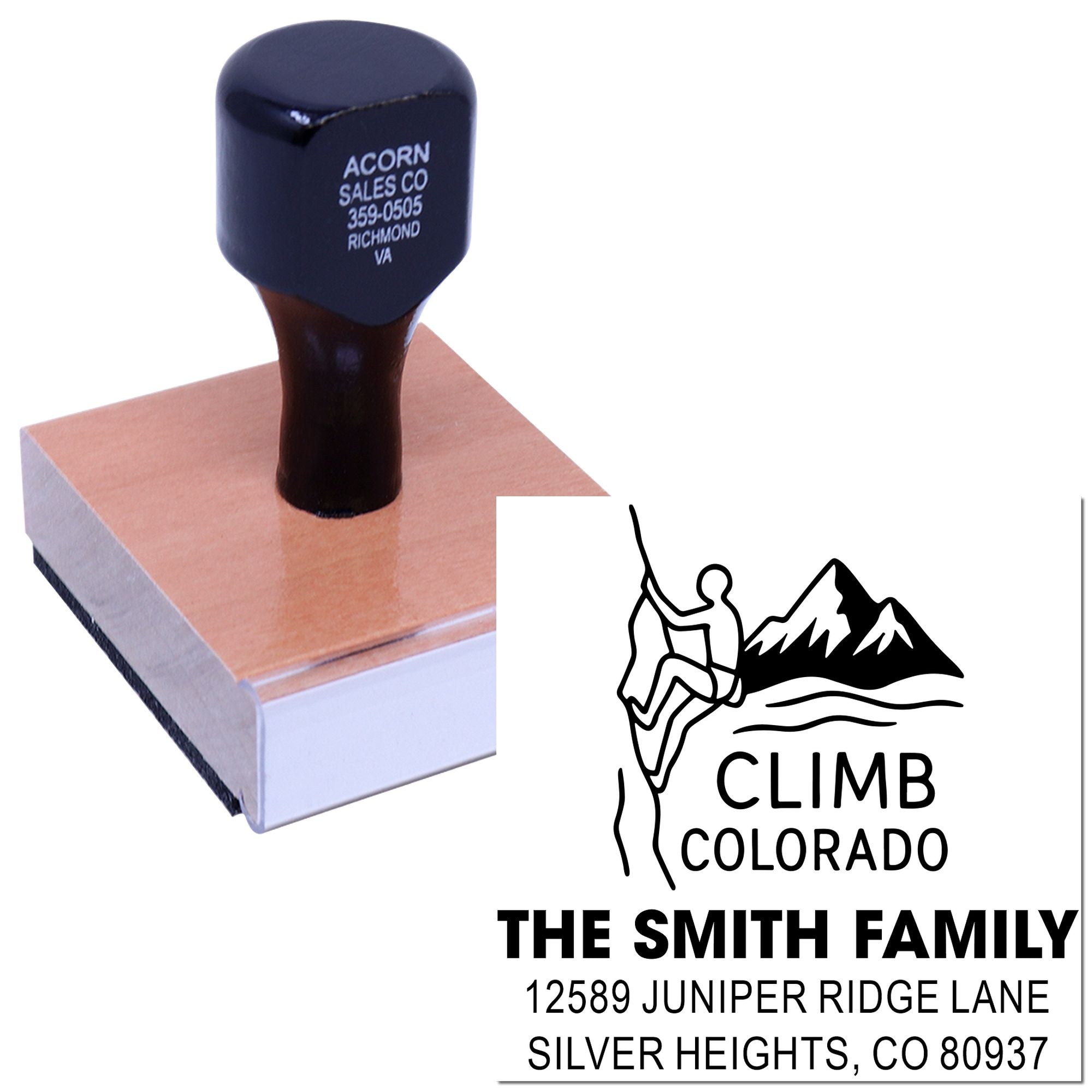 Personalized return address rubber stamp for Climb Colorado, featuring mountain climber logo and Smith family address.