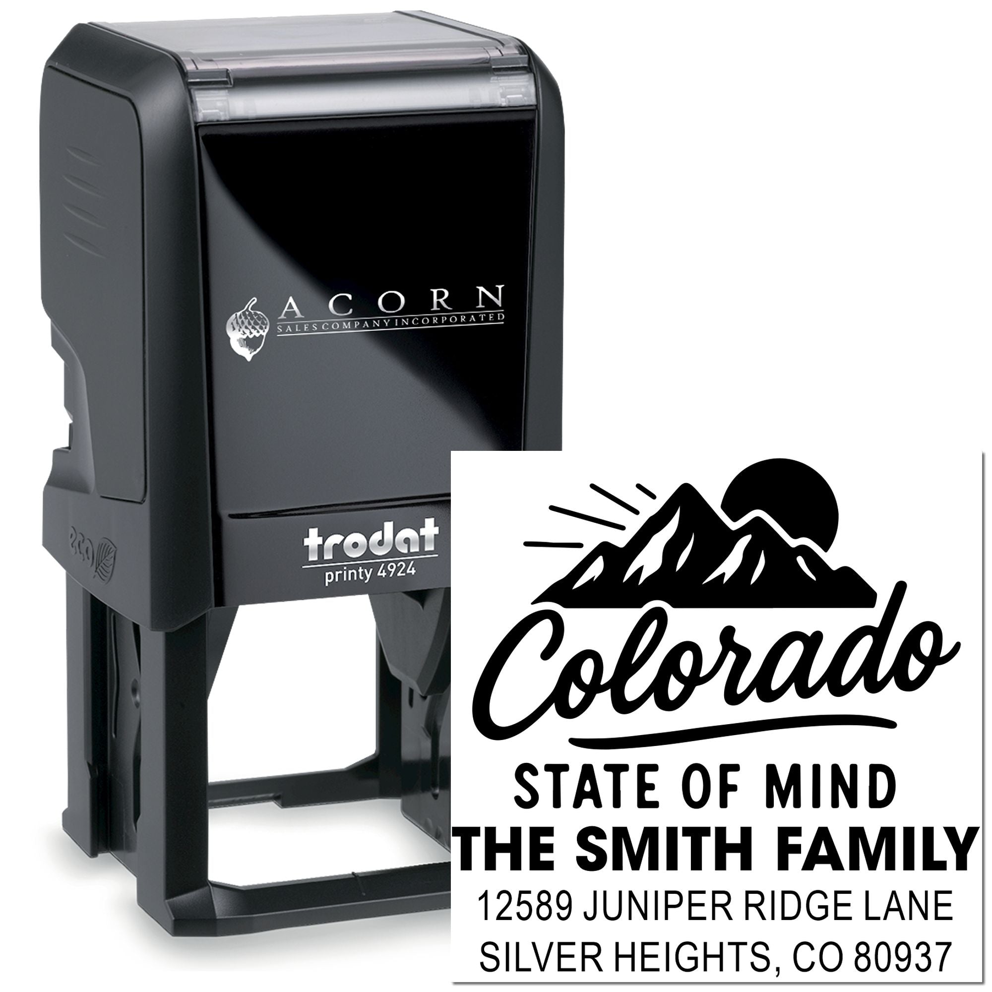 Custom self-inking rubber address stamp with Colorado State of Mind design for personalized family mailing.