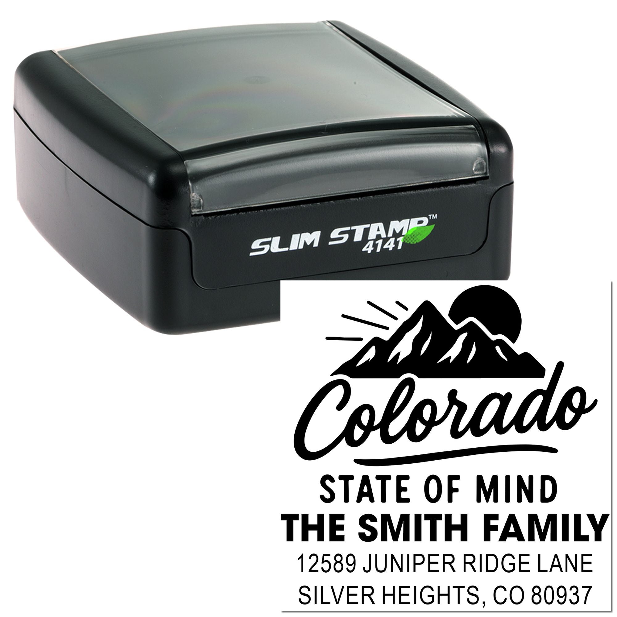 Slim Stamp 4141 self-inking rubber stamp with custom Colorado family return address design and mountain logo.