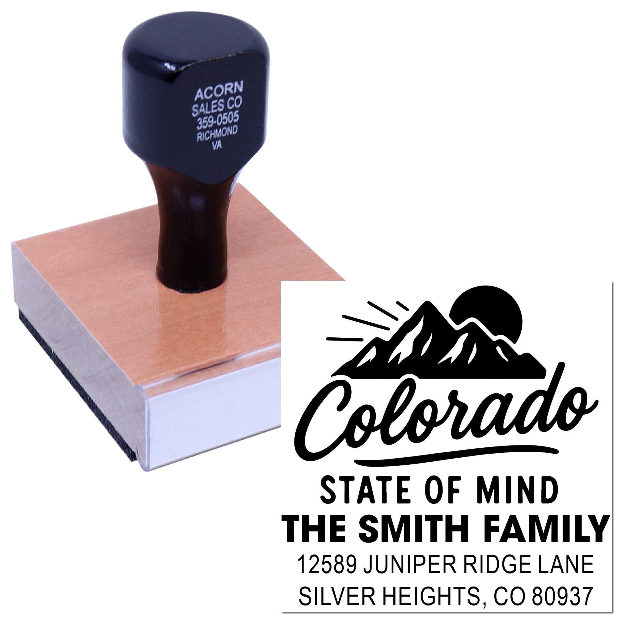 Custom Colorado family address rubber stamp with mountain logo and personalized imprint