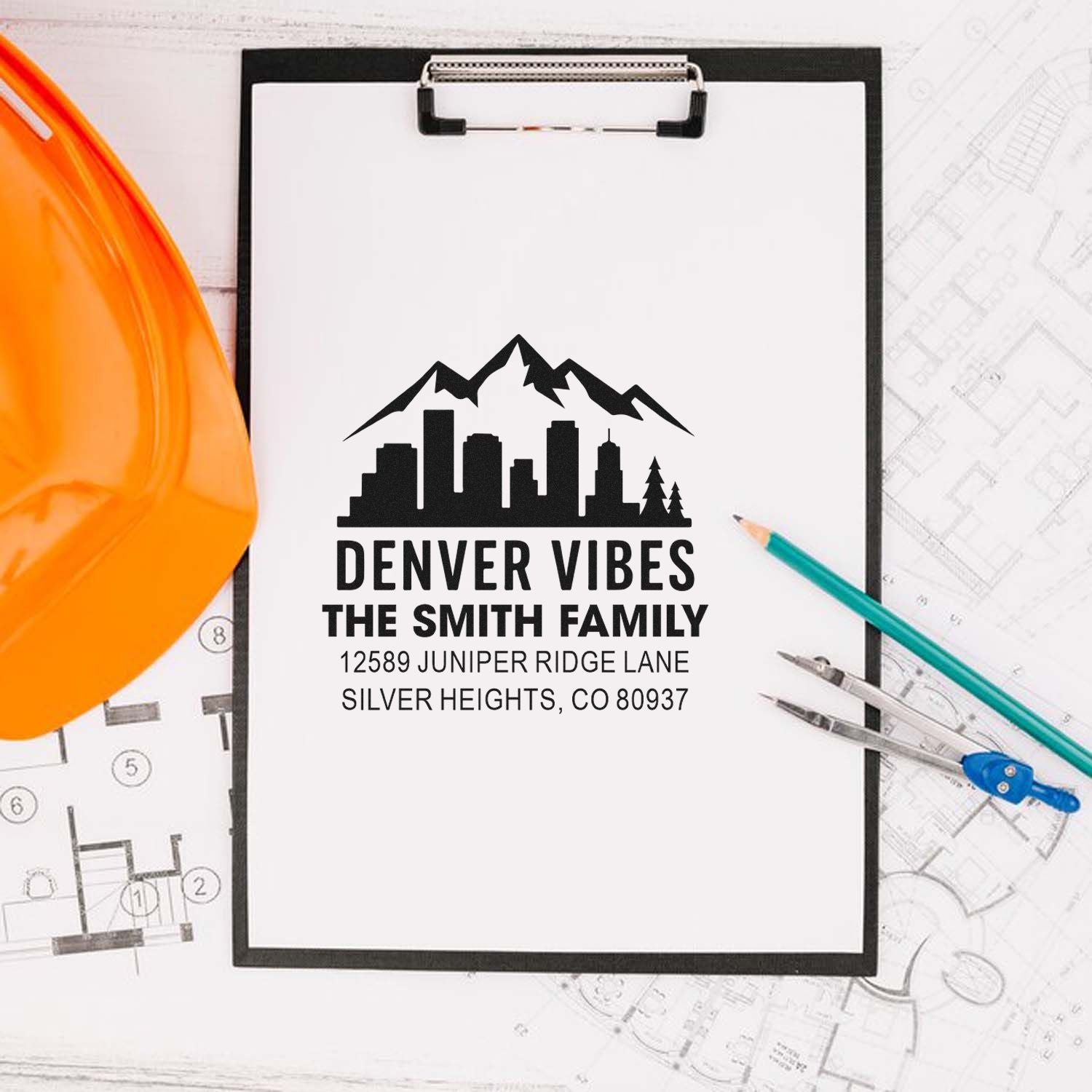 Personalized Denver address rubber stamp with skyline logo and The Smith Family return address for mail and packaging.