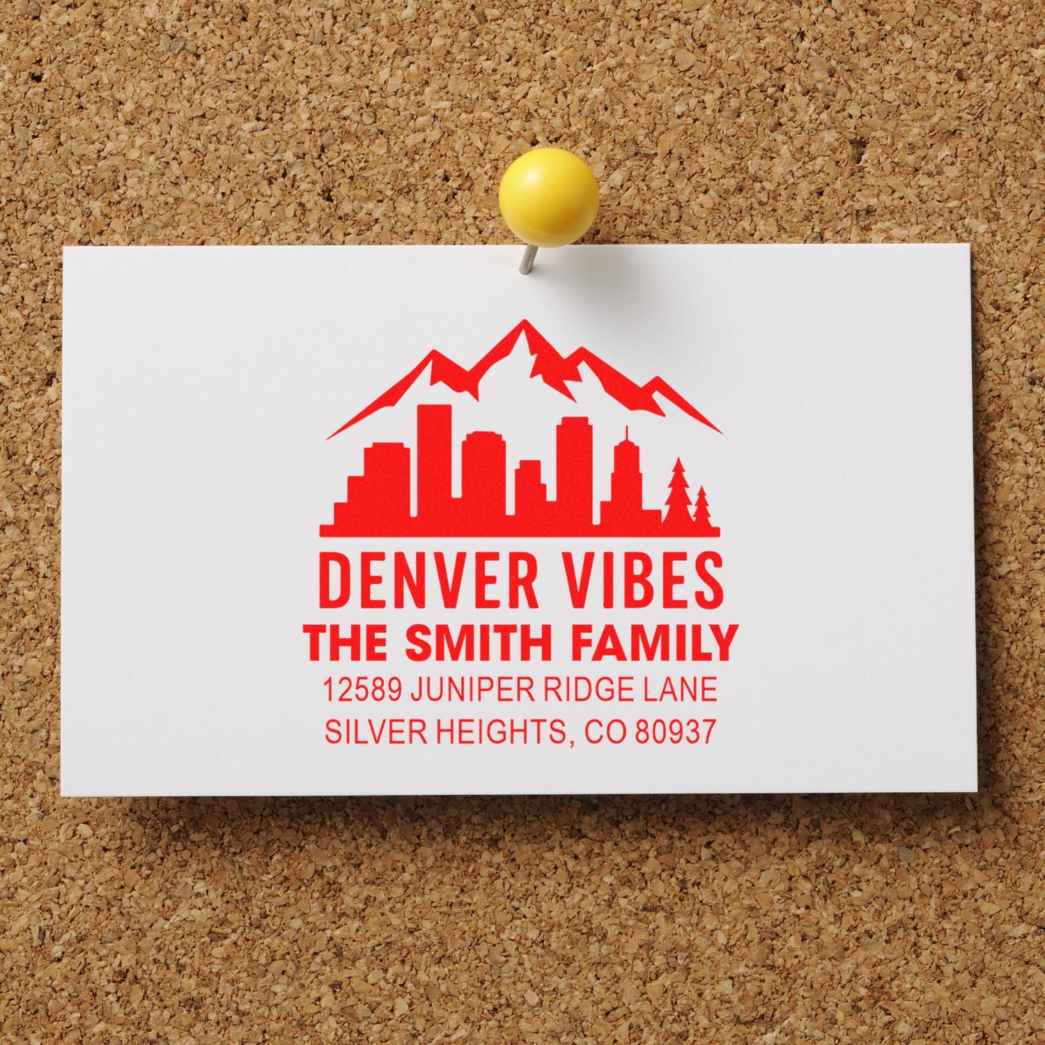 Custom rubber address stamp with Denver skyline, mountains and Smith family return address for envelopes.