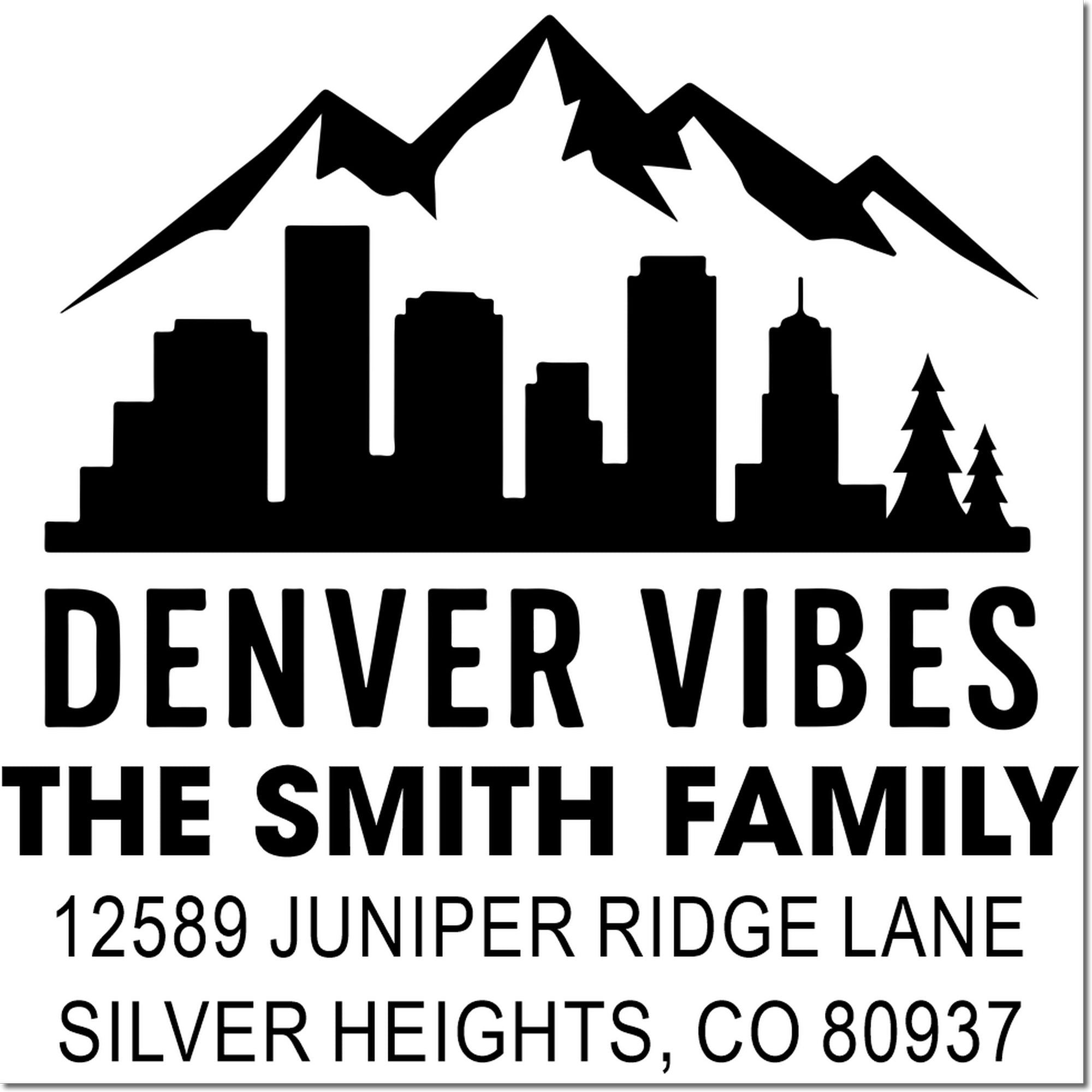 Custom Denver return address stamp for The Smith Family, with skyline and mountains, Silver Heights, CO 80937.