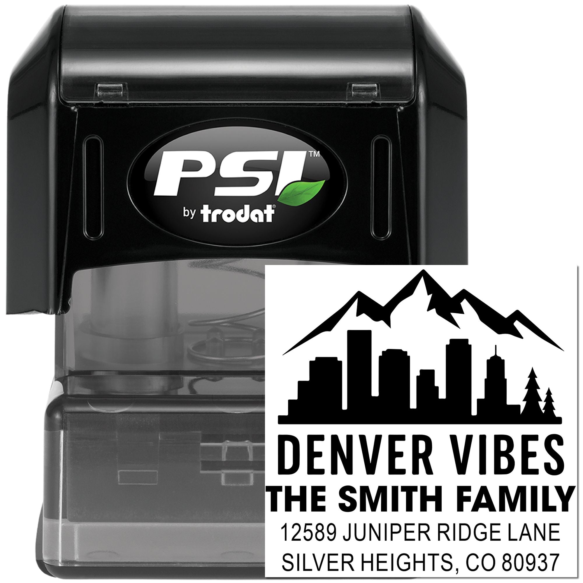 Custom self-inking rubber address stamp with Denver skyline design, PSI by Trodat for The Smith Family.