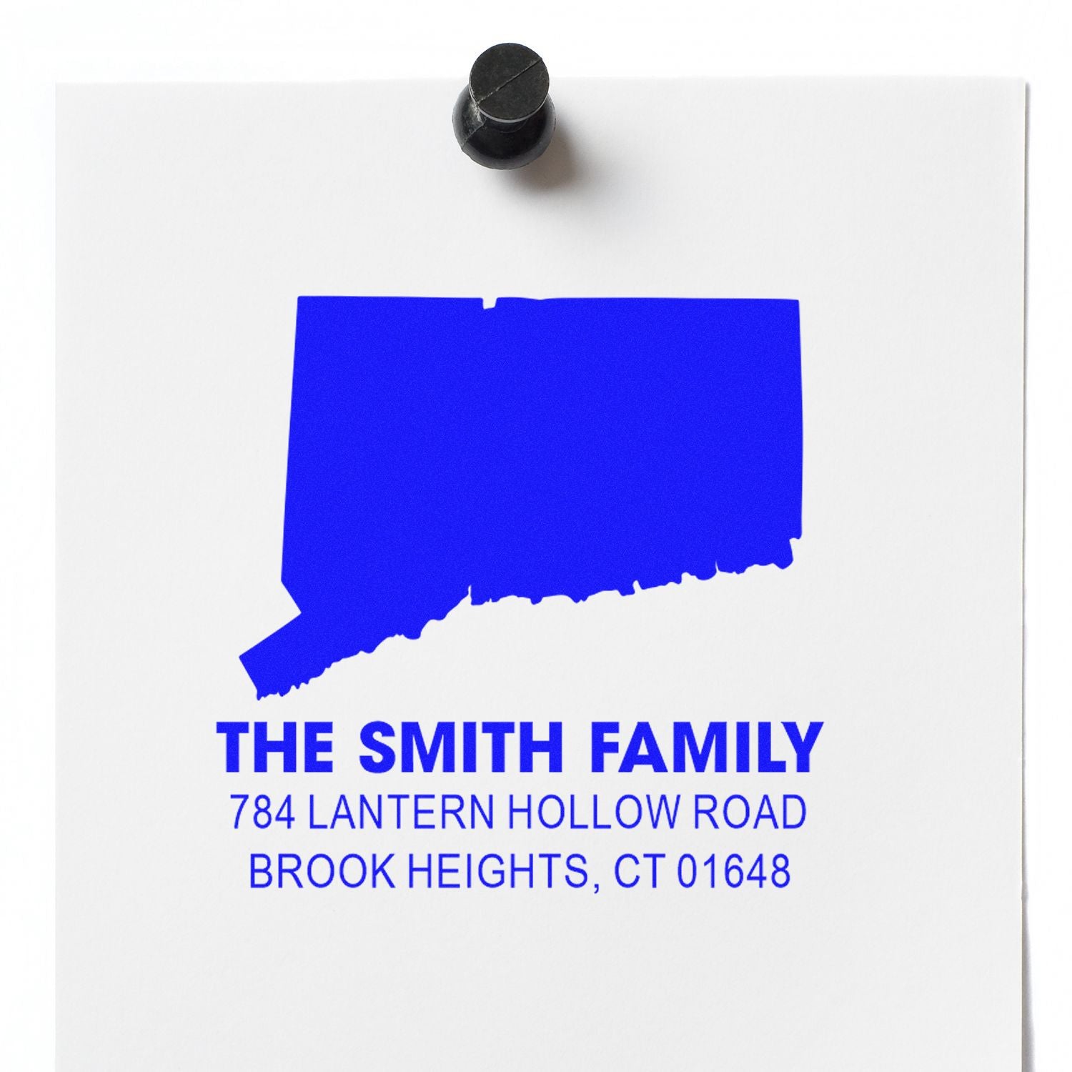 Custom return address rubber stamp with Connecticut silhouette for The Smith Family, Brook Heights, CT 01648