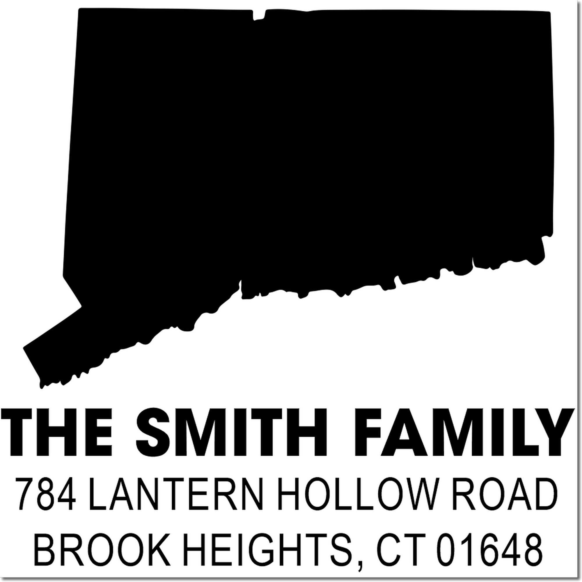Custom Connecticut return address rubber stamp for The Smith Family, 784 Lantern Hollow Road, Brook Heights, CT 01648.